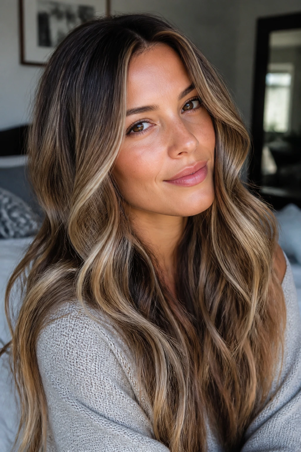 Close-up of thick hair with fresh babylights catching light