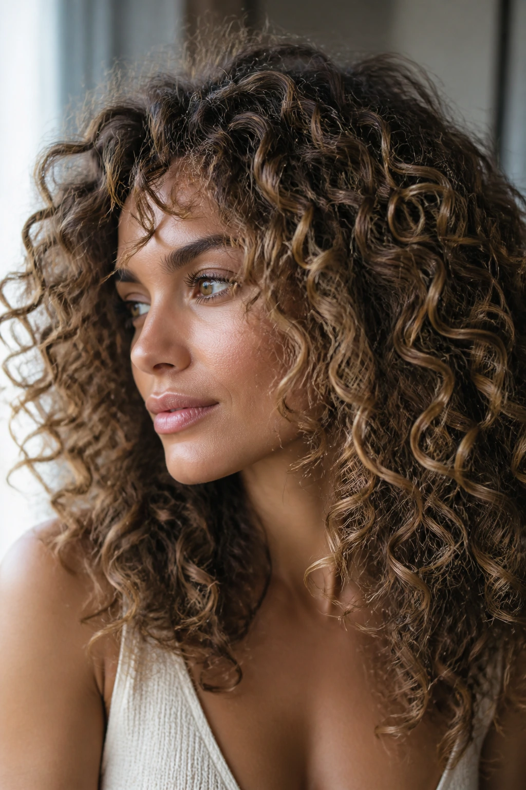 Close-up of curly hair with fine babylights tracing curl bends on a real person