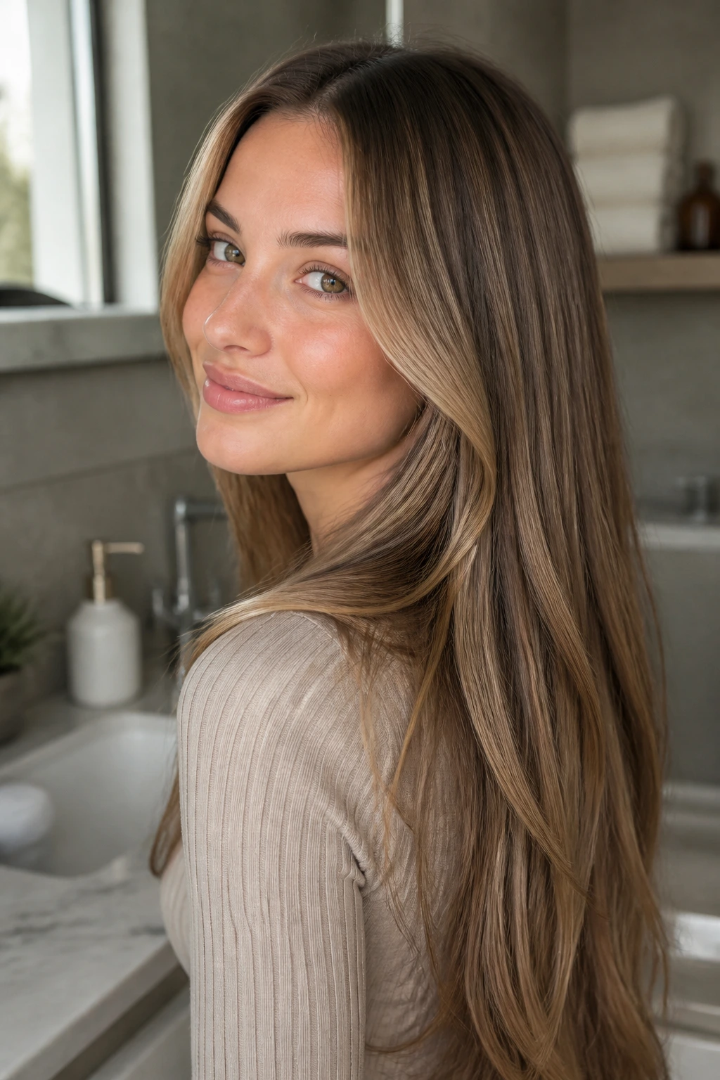 Close-up of a real woman's hair with subtle babylights, glossy and smooth.