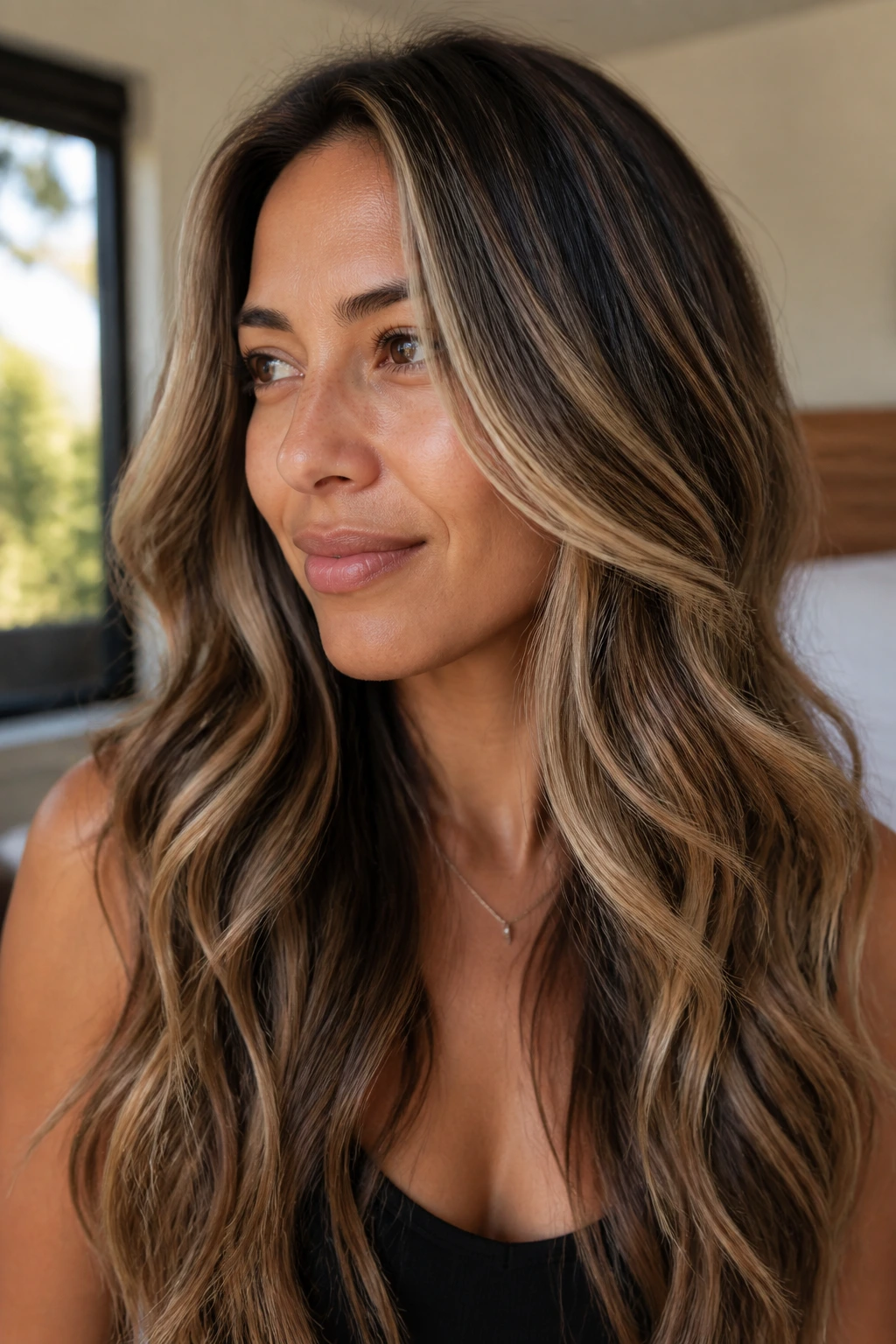 Close-up portrait showing babylights on thick hair with crown highlights