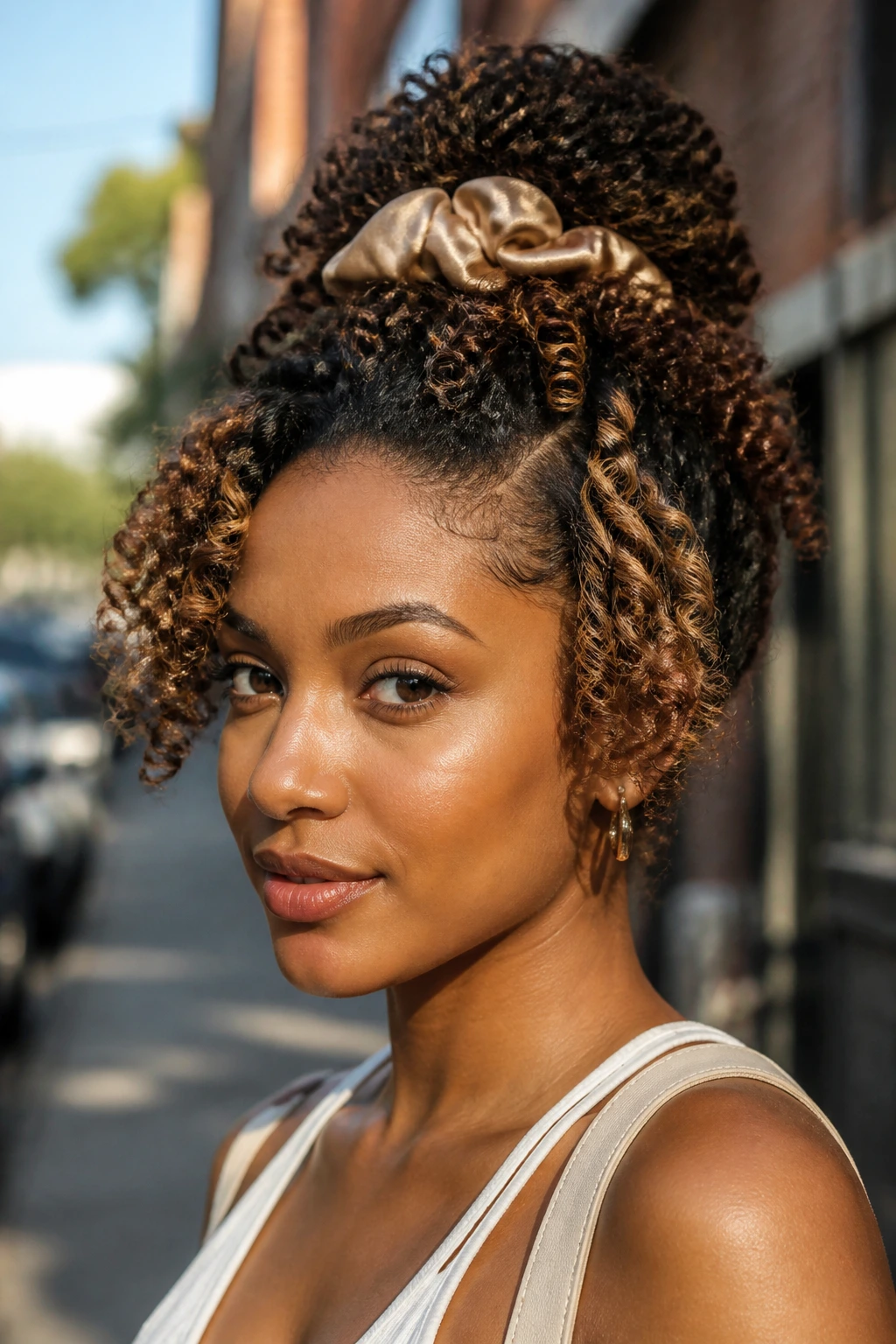 Close-up of a person with half-up coil crown and light babylight ribbons around temples.