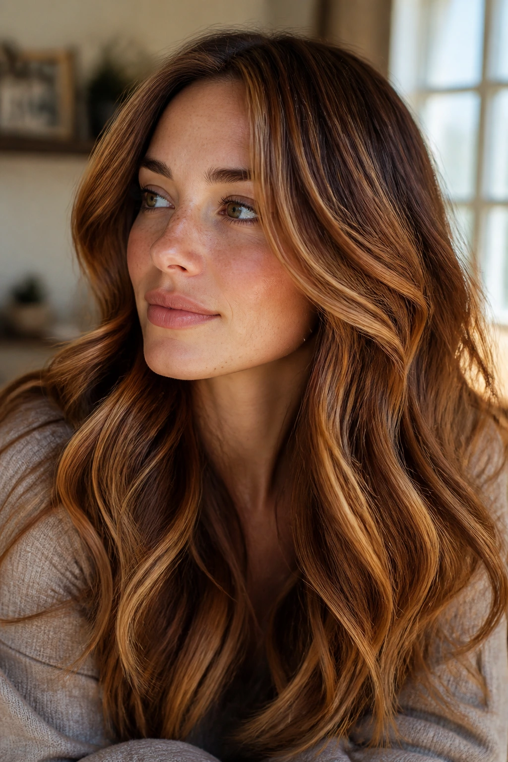 Portrait of a woman with honey and copper babylights framing the face