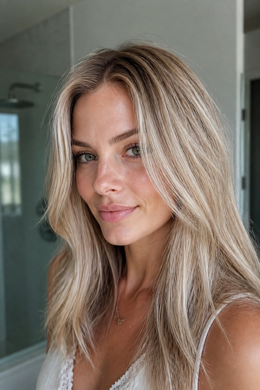 Close-up of a real woman with icy beige babylights on fine hair.