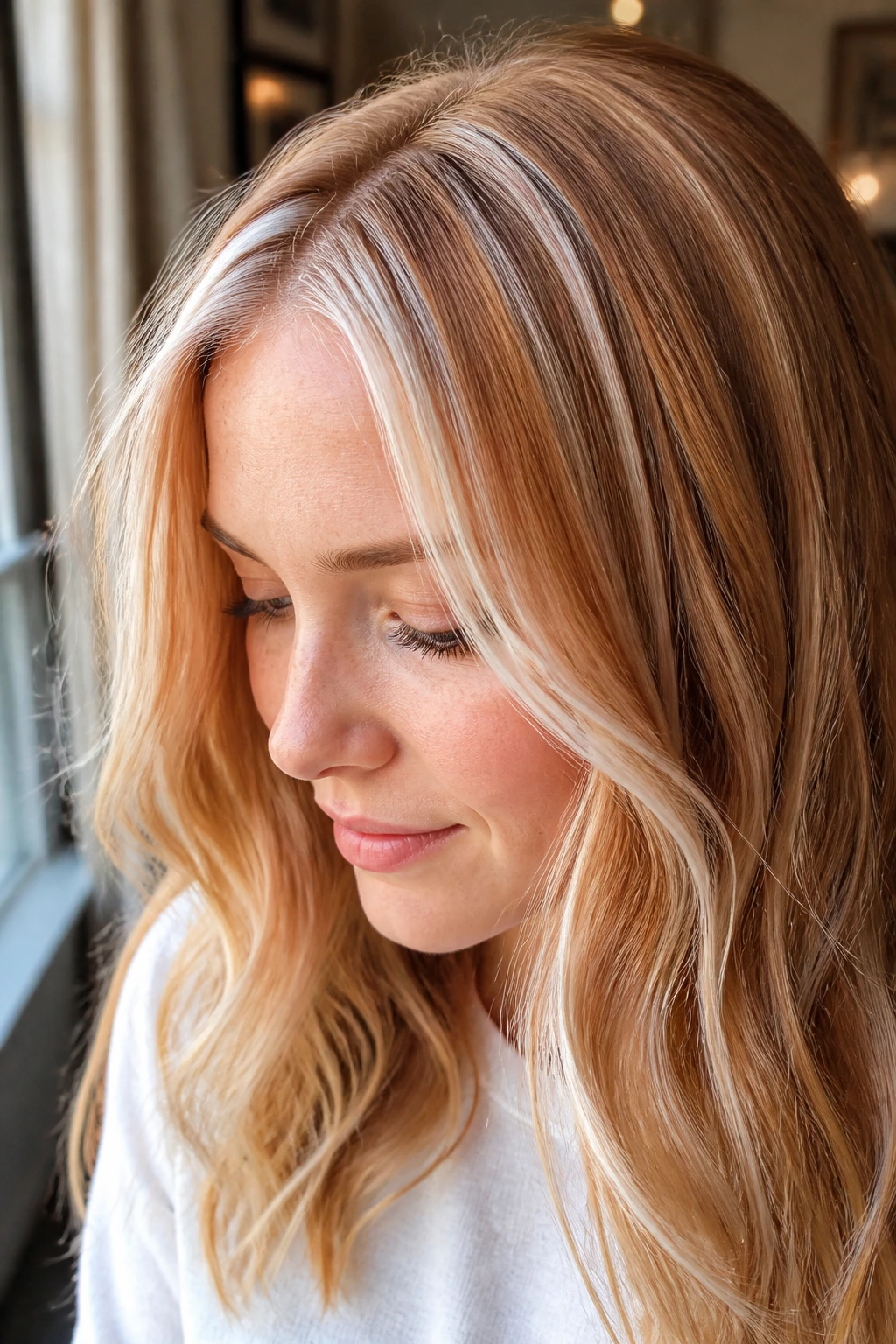 Portrait of a woman with strawberry blonde hair and icy white babylights