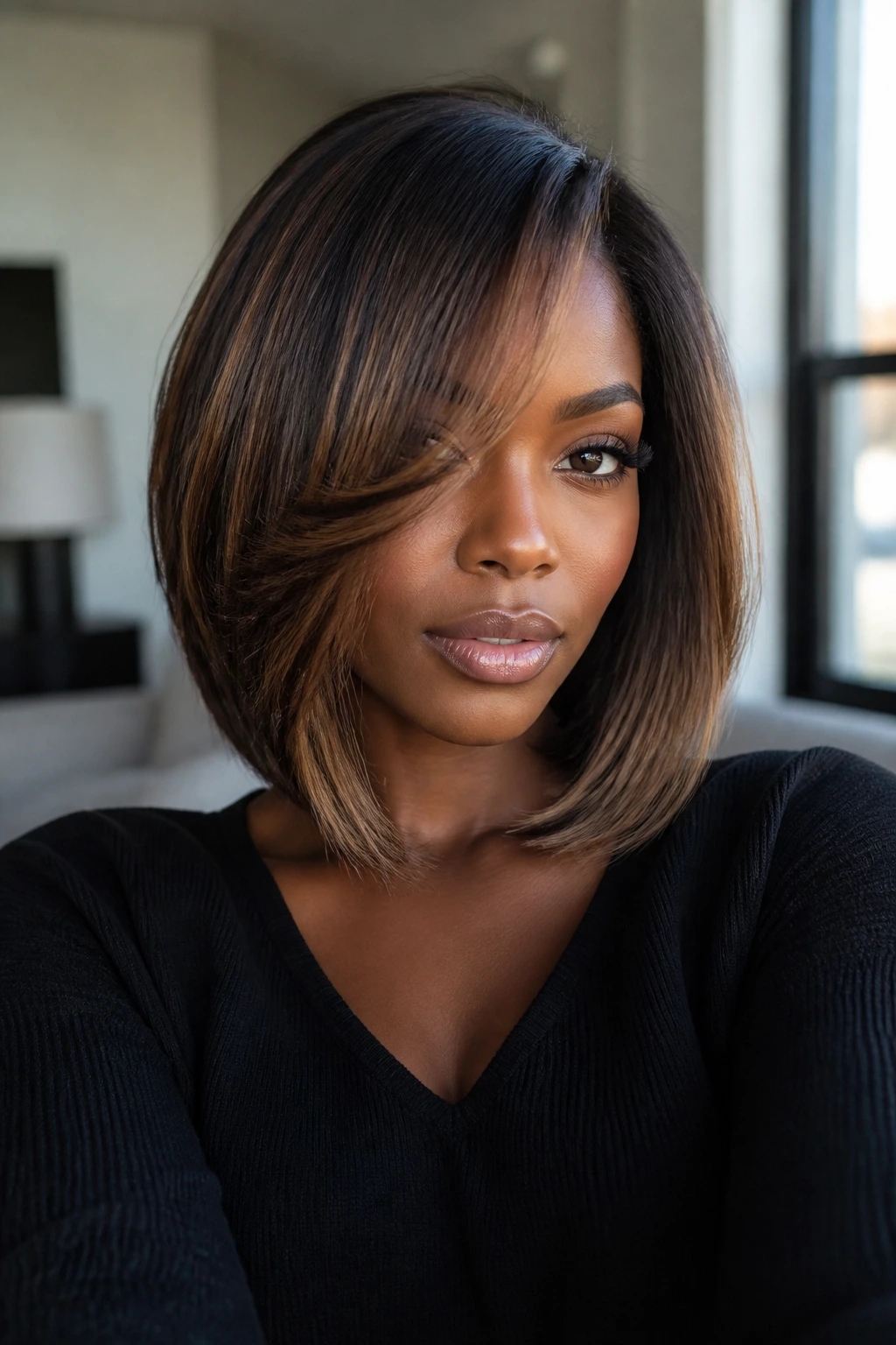 Black woman with long layered bob and babylights close-up