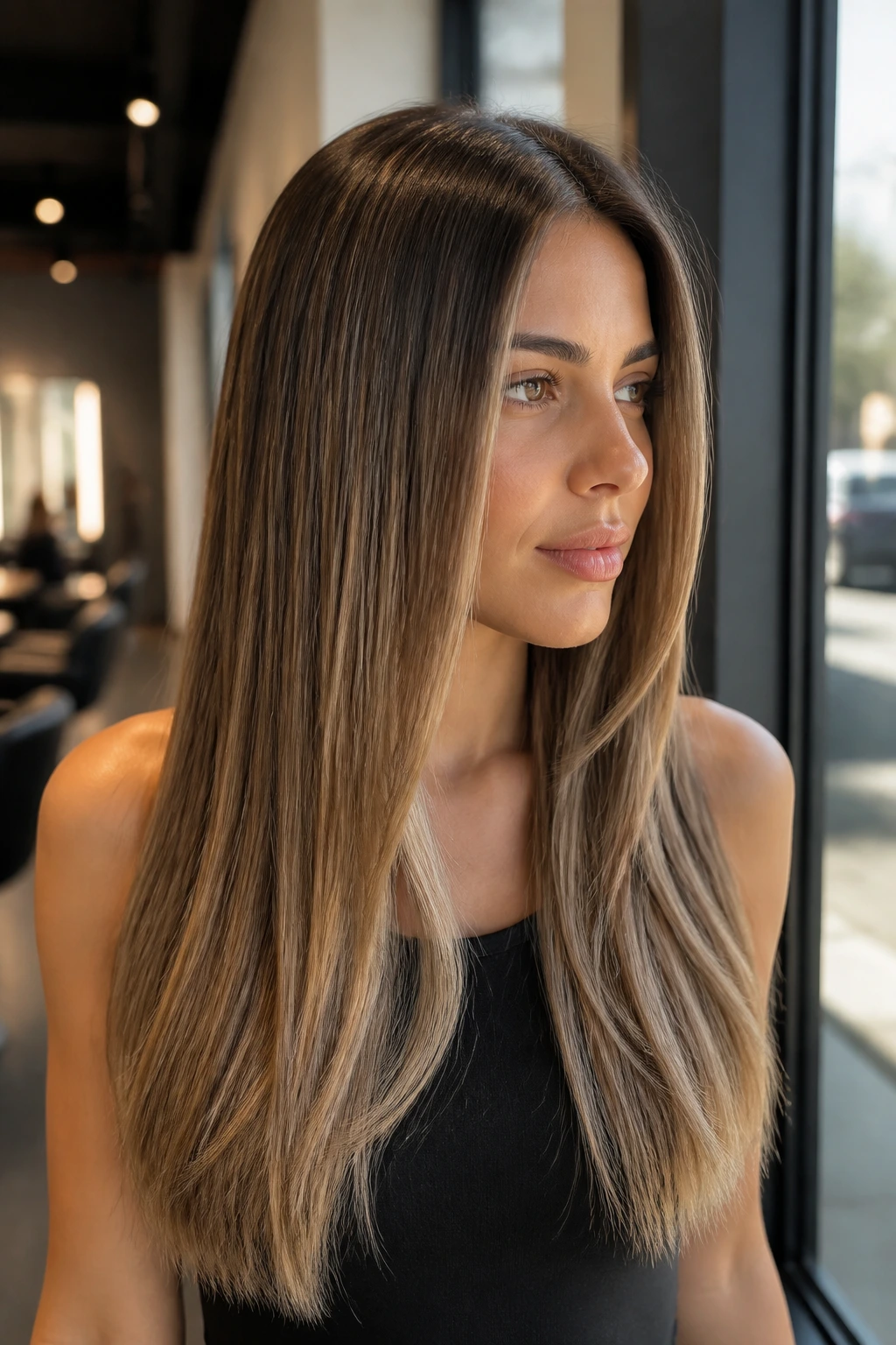 Portrait of a woman with long sleek hair and babylights near a window