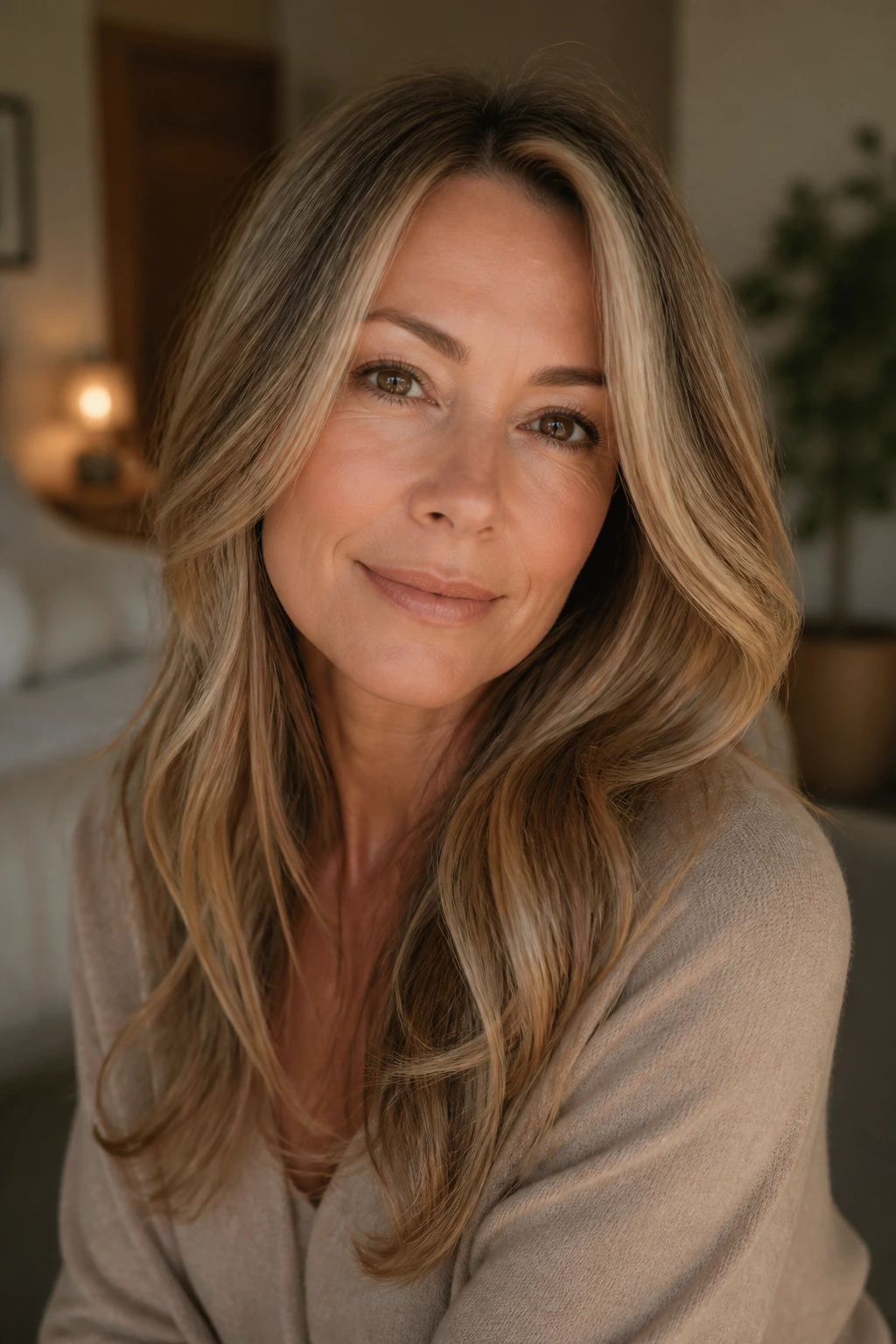 Real woman with subtle babylights in warm indoor light