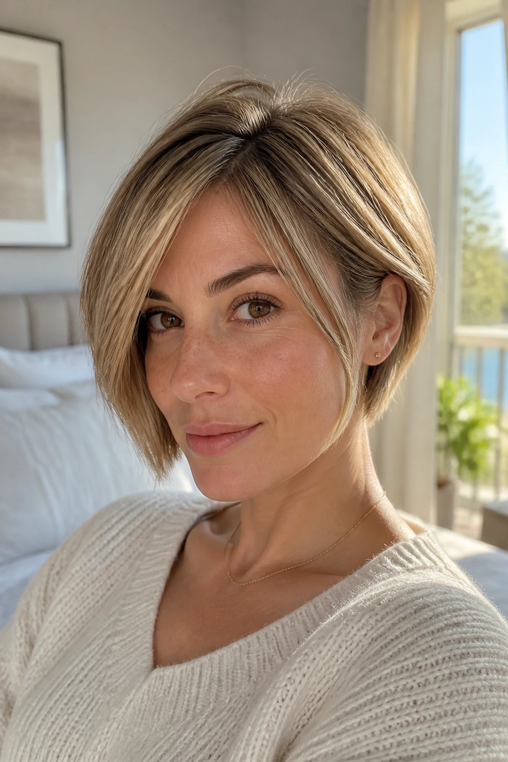 Close-up portrait of a real woman with short hair and glossy ends in morning light