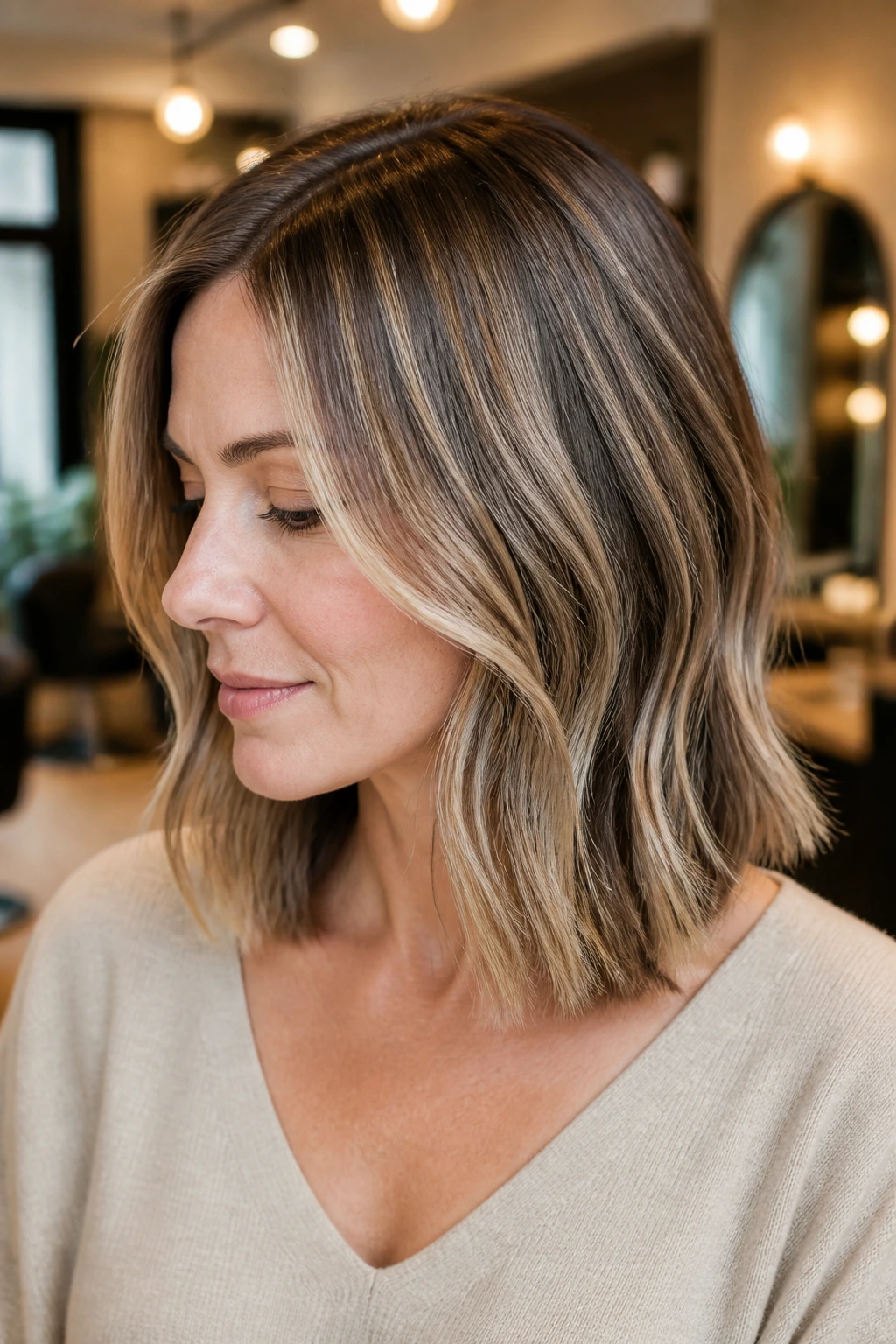 Close-up of a real woman with midlength hair and babylights in a salon.