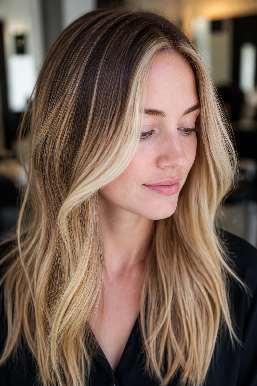 Real person with multi-tone hair showing various highlight techniques