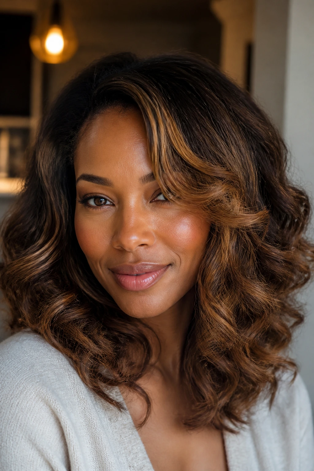 Portrait of textured hair with caramel lift, mocha shadows, and copper framing