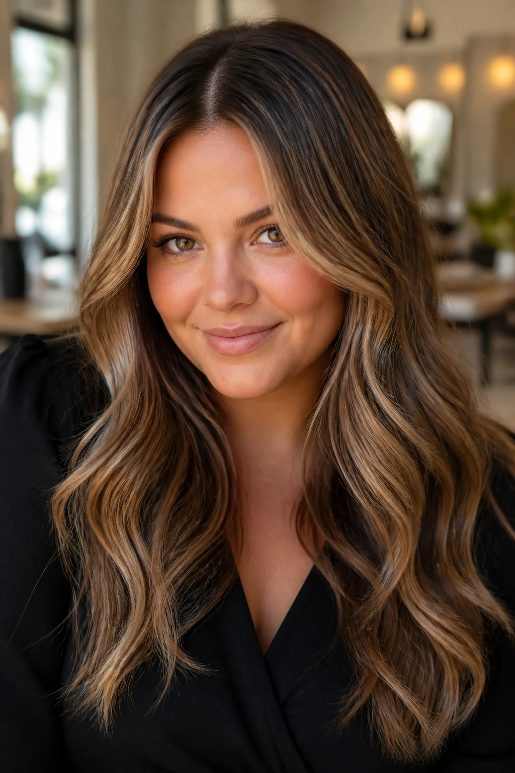 Close-up portrait of a real woman with subtle babylights and soft waves in a warm salon.