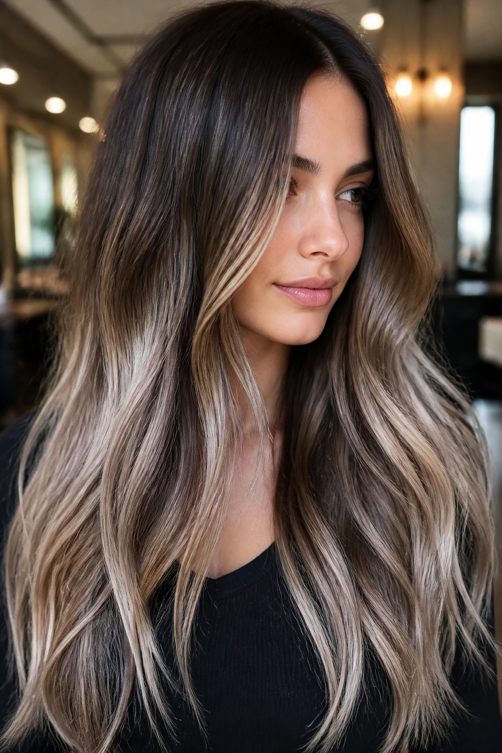 Close-up of real woman with micro babylights from mid-lengths to ends on long brunette hair.