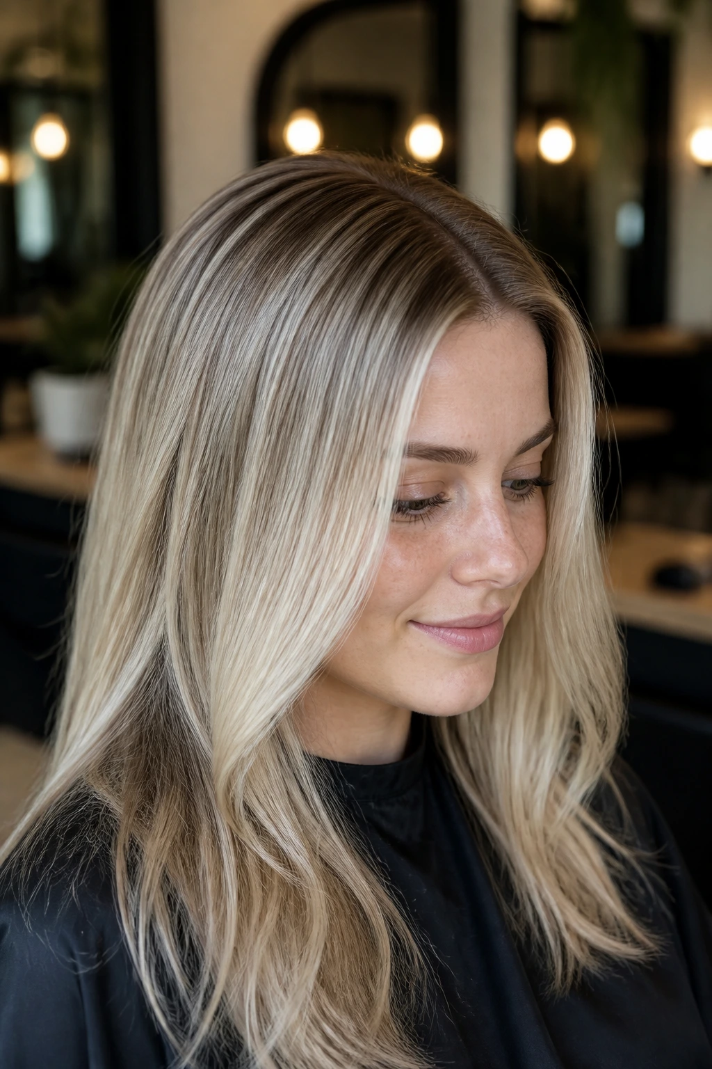 Close-up of real woman with babylights and soft root melt in blonde tones.