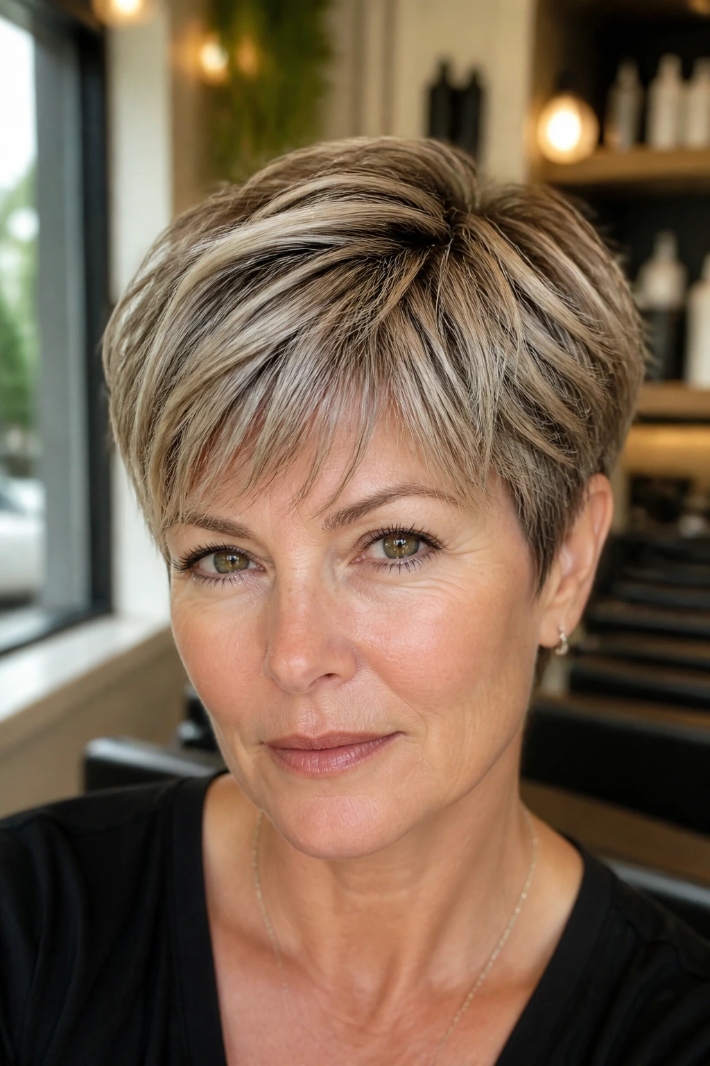 Close-up of hair with subtle babylights on a shag pixie, real person