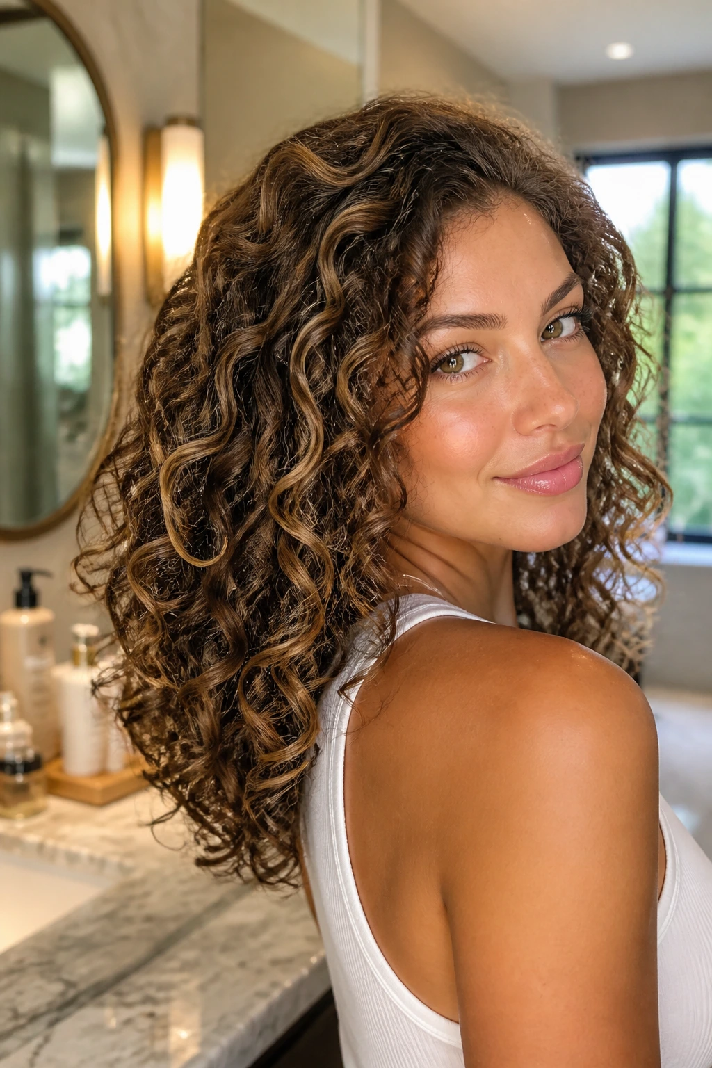 Close-up of a real woman's curly hair with subtle babylights and glossy shine