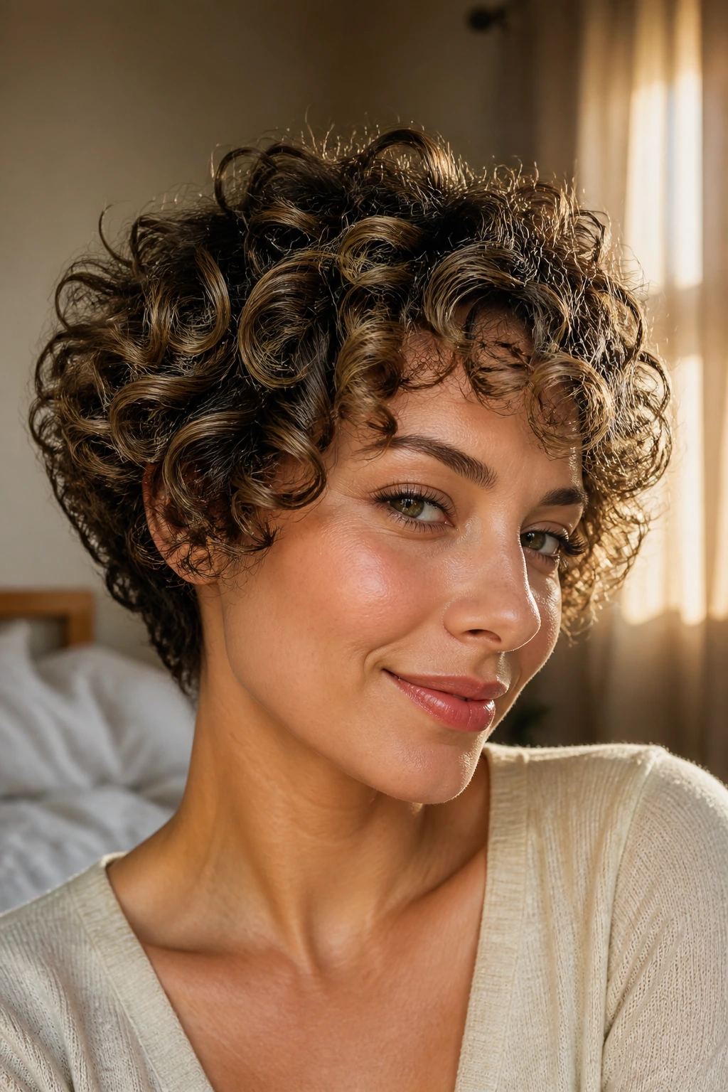 Close-up of a real woman with short curly hair and babylights showing glossy lift