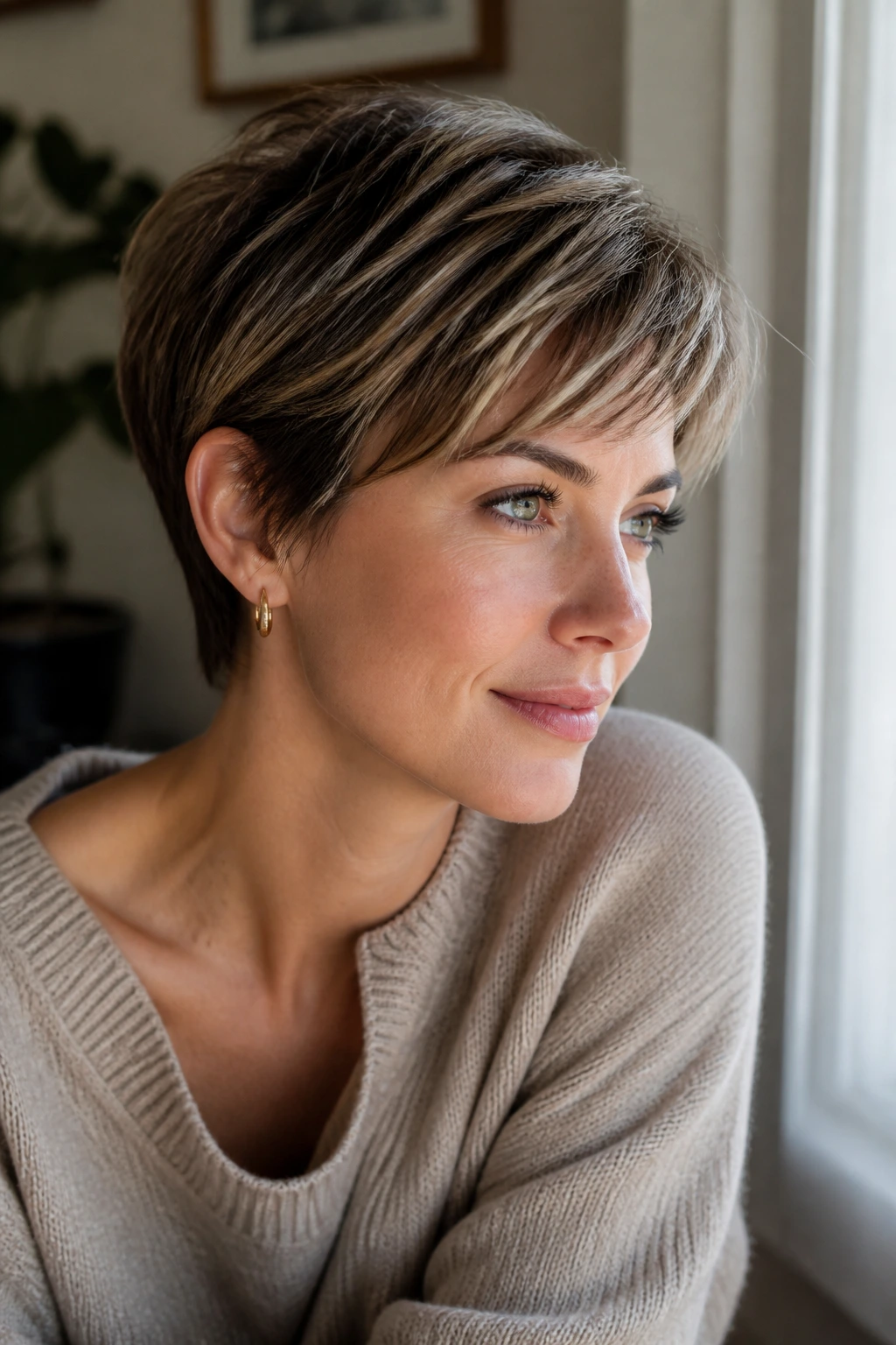 Close-up of short hair with babylights showing face-brightening lighting