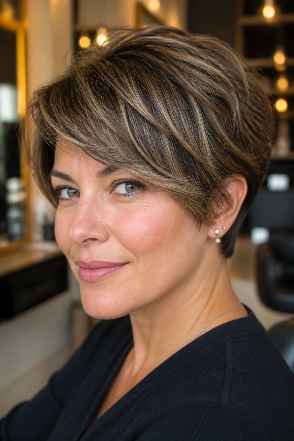 Portrait of a real person with a dense short cut and fine babylights catching light.
