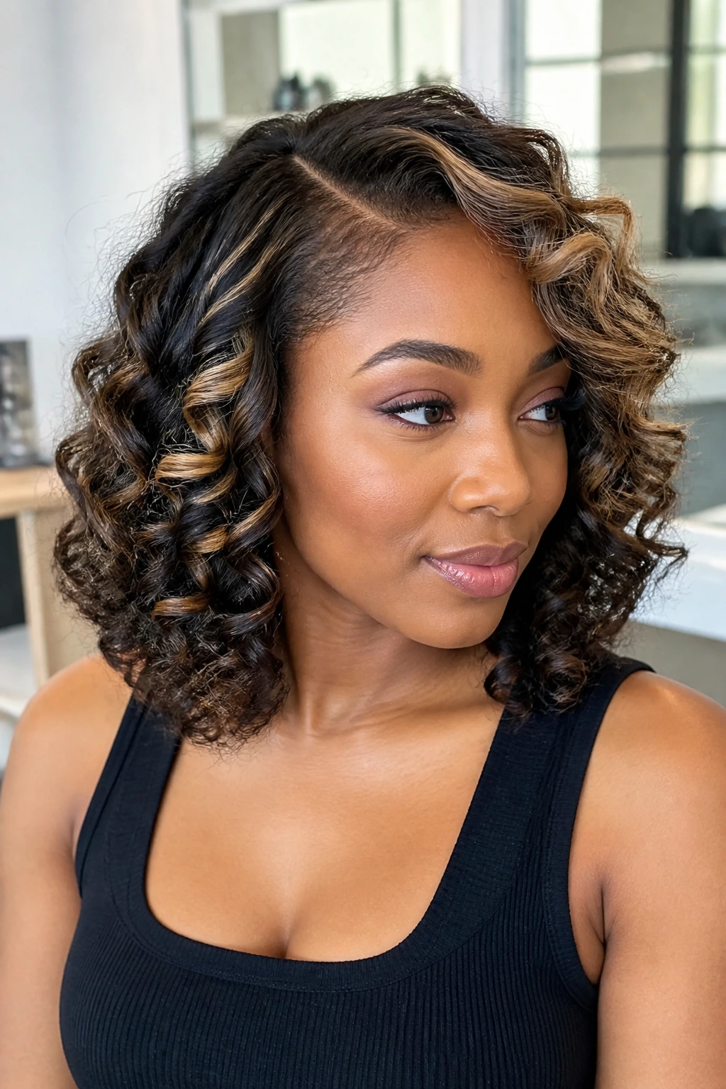 Medium close-up of a person with a side-part flexi-rod lob and babylights.