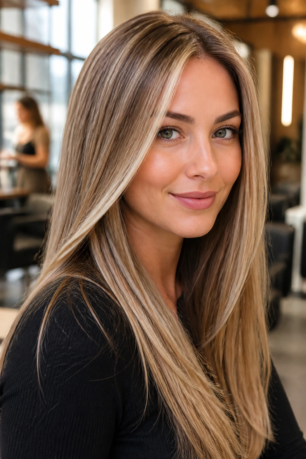 Close-up of a woman with babylights and sleek hair in a salon
