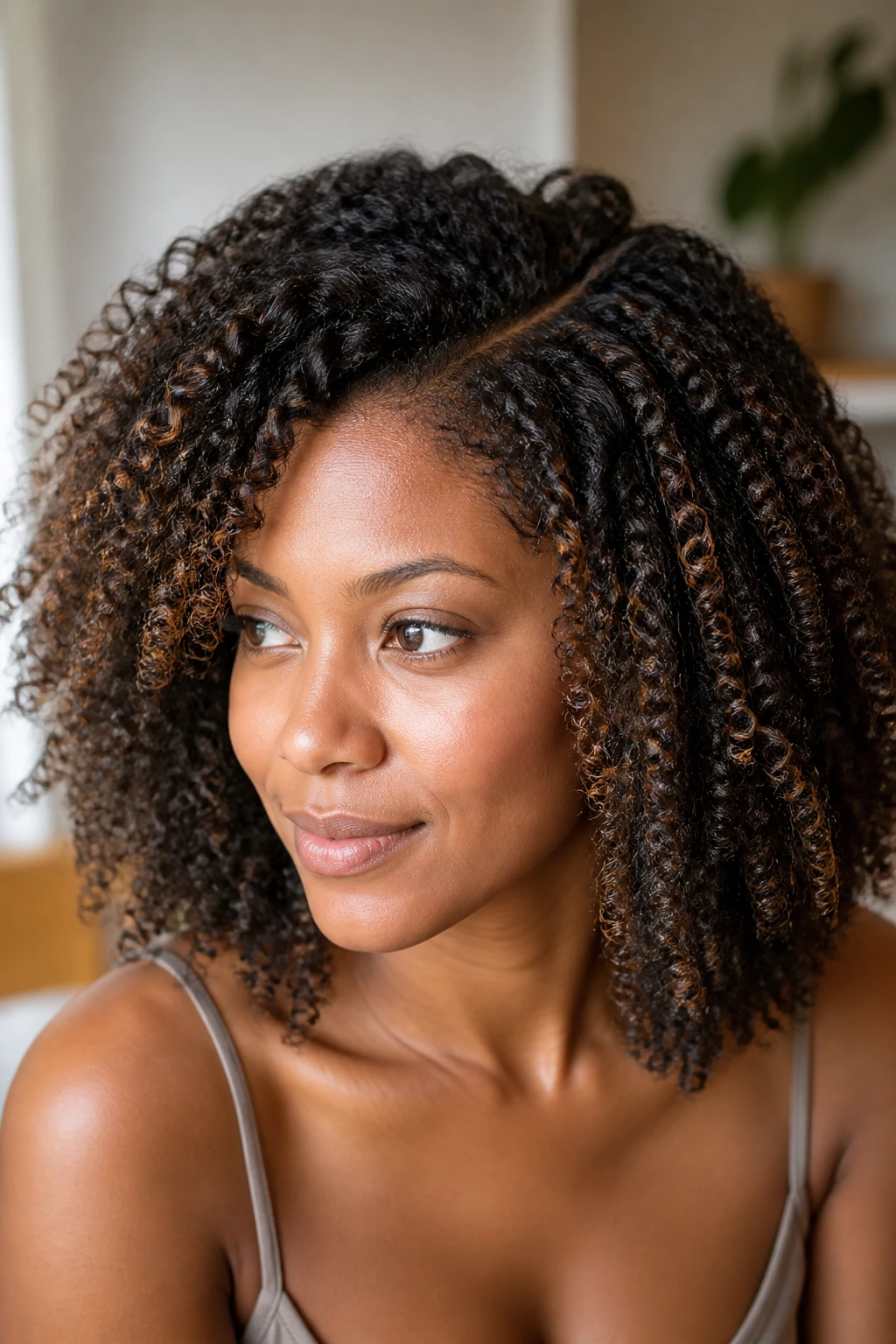 Close-up of textured hair with soft babylights placement