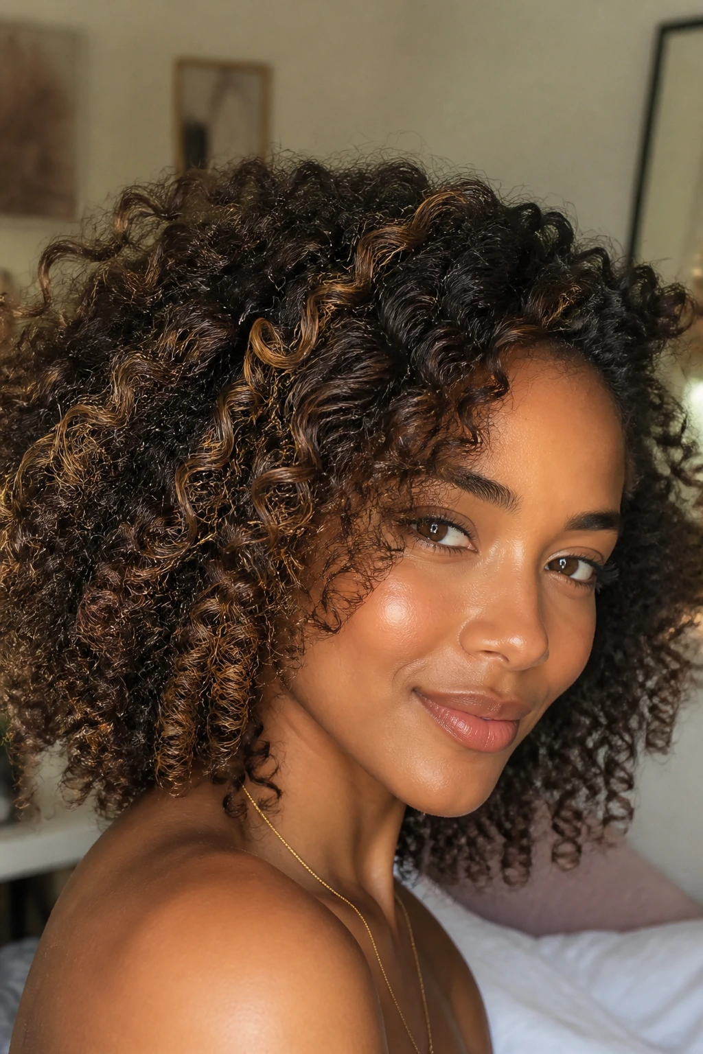 Close-up of a woman with soft, blended babylights in curly natural hair under warm window light