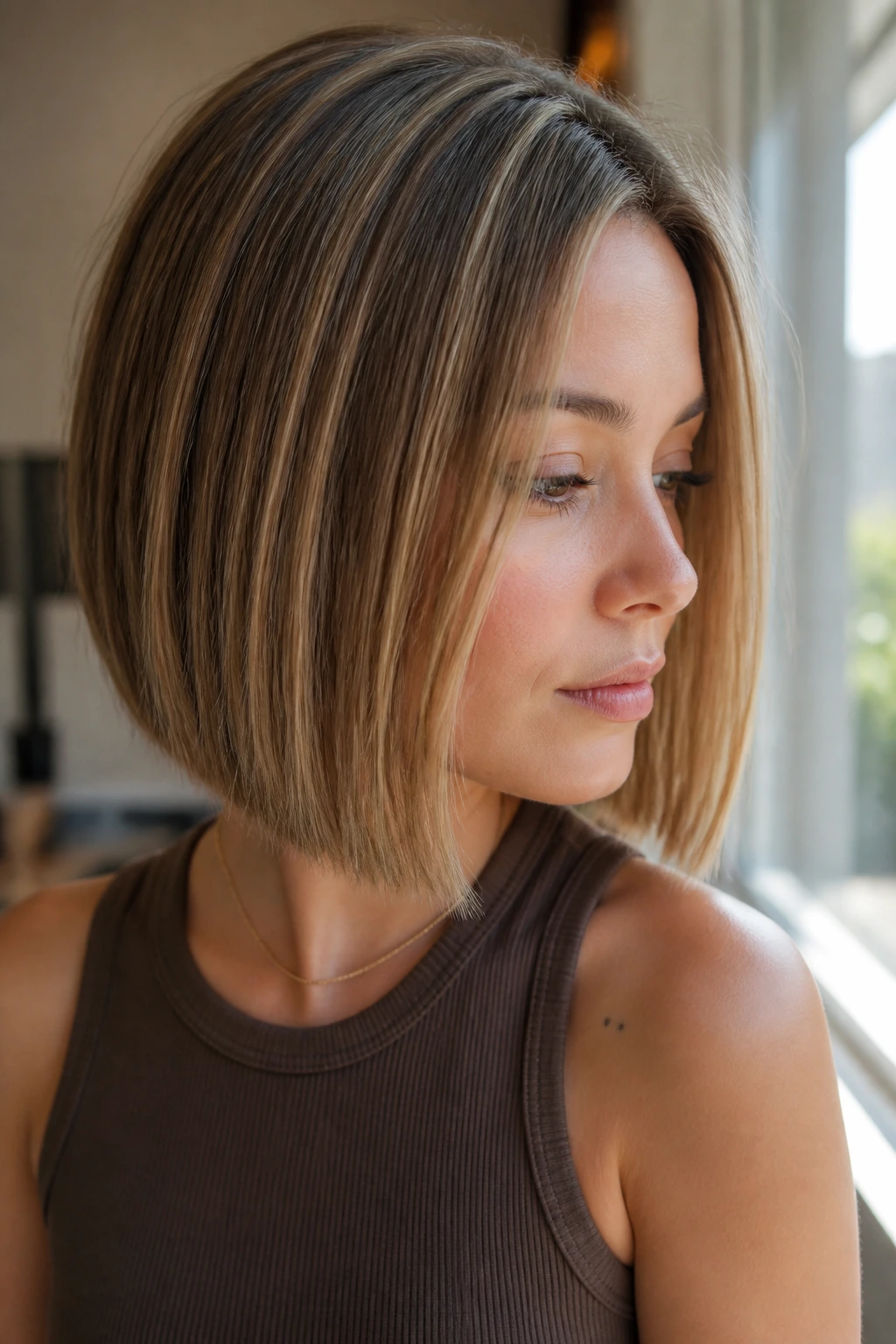 Close-up of straight-haired woman with fine babylights shaping crown and front edge.