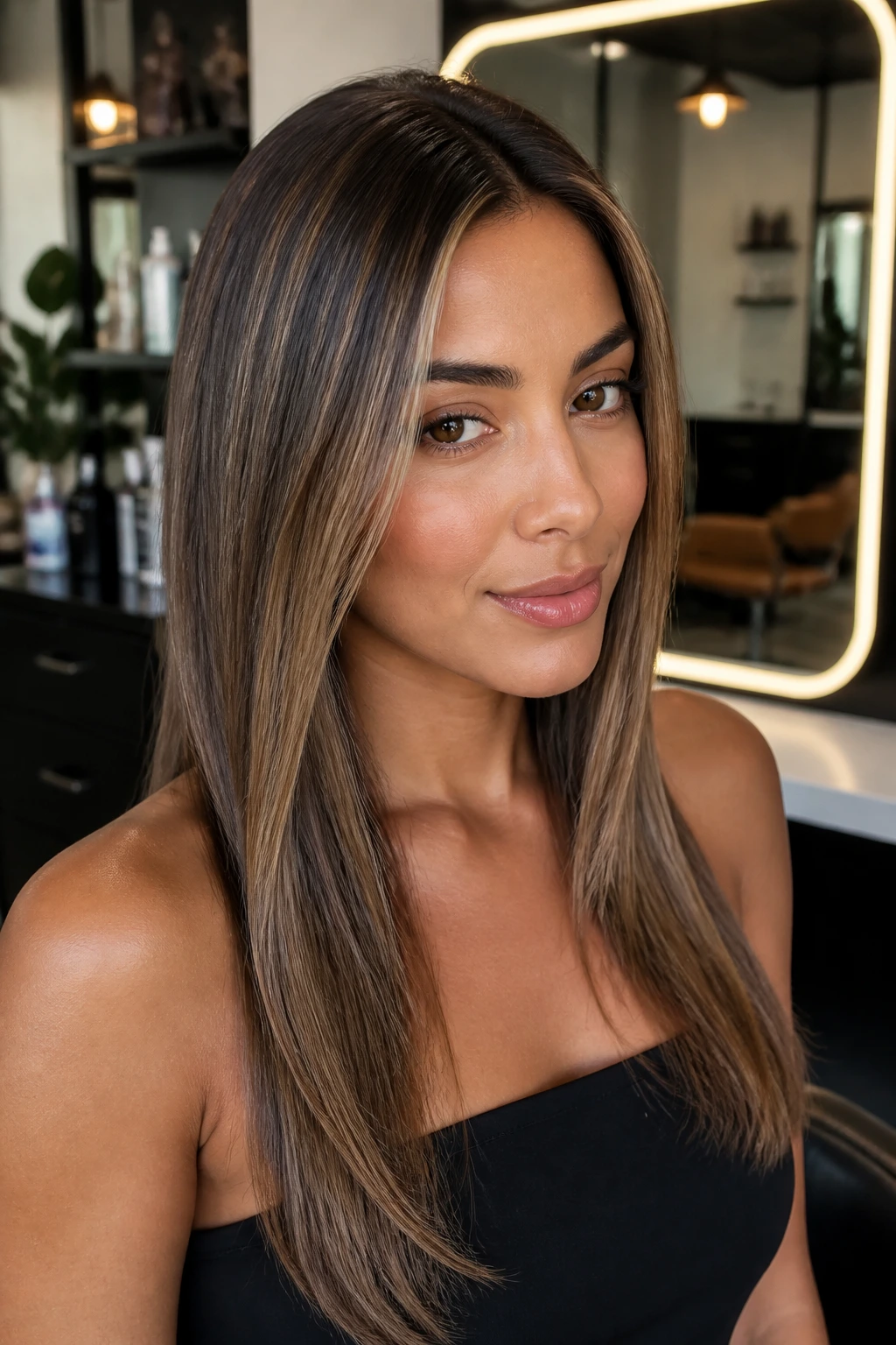 Portrait of a person with straight hair and front babylights in a sleek blowout in a salon setting