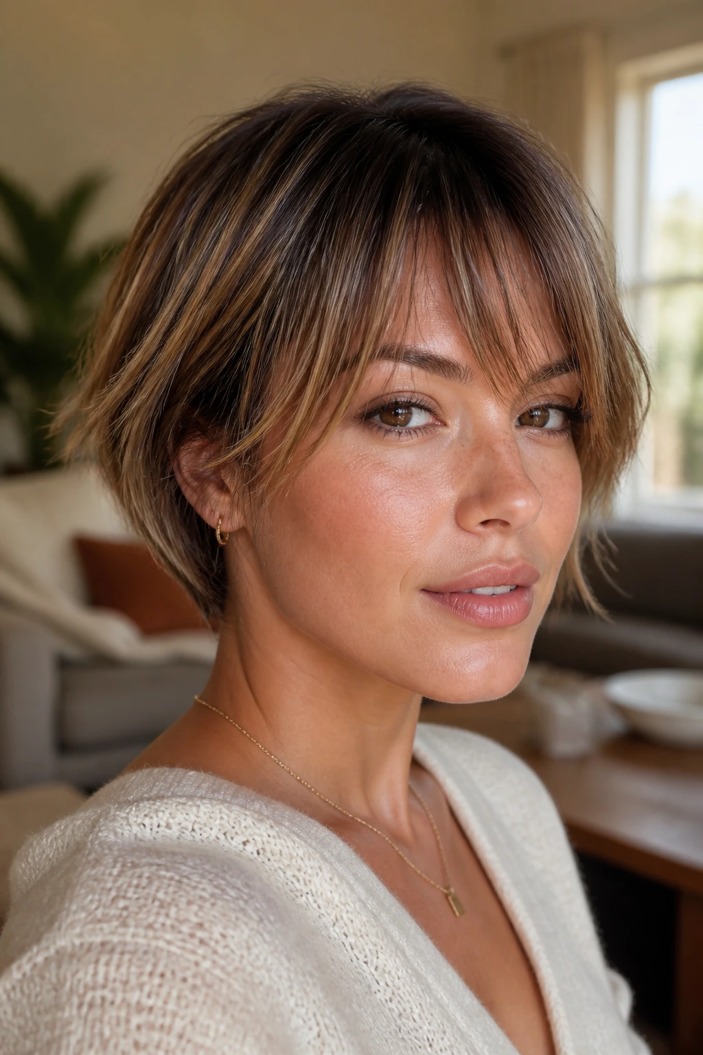 Close-up portrait of a real woman with babylights showing subtle bend in short hair
