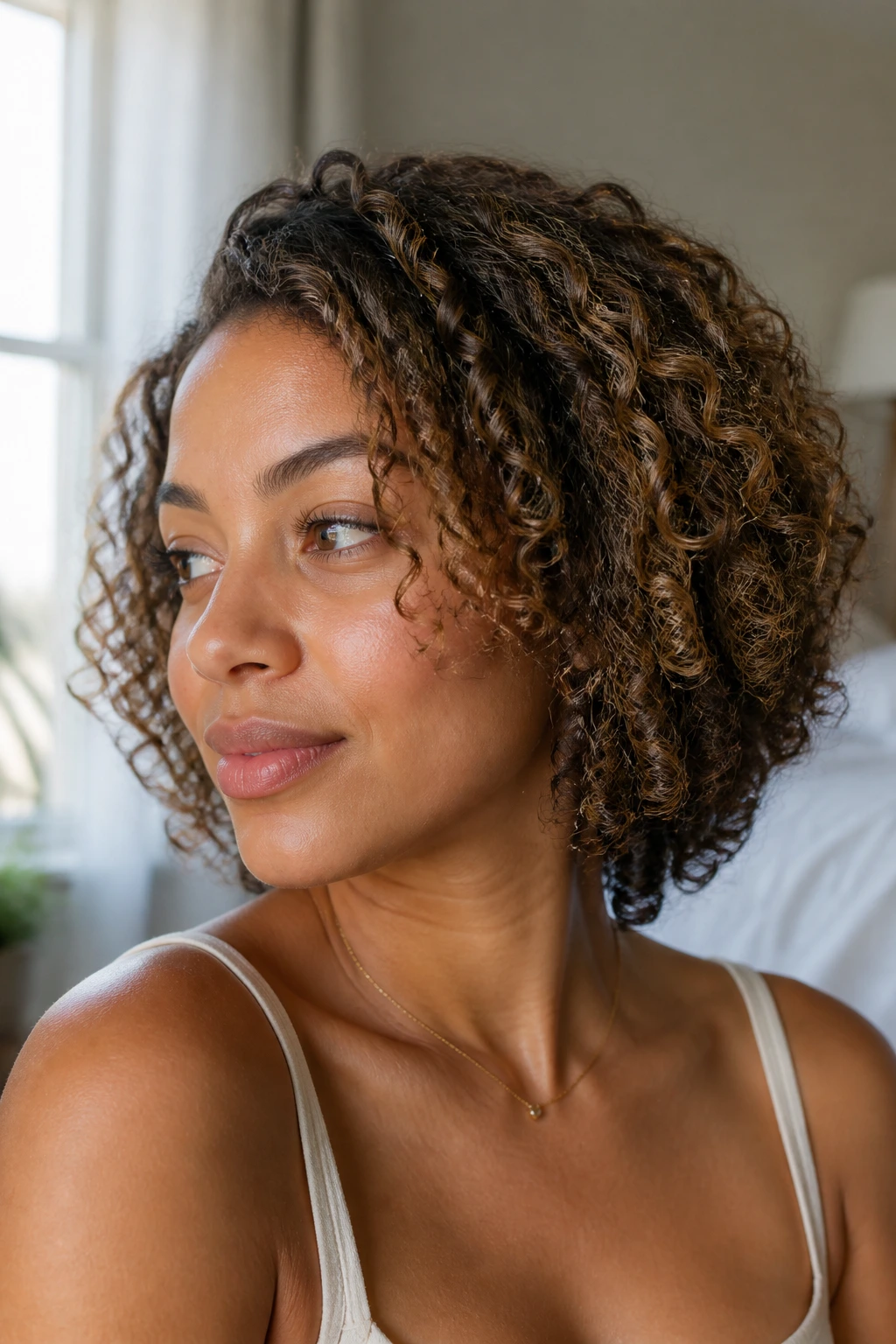 Close-up portrait of a person with babylights woven into texturized hair, showing a cohesive look.