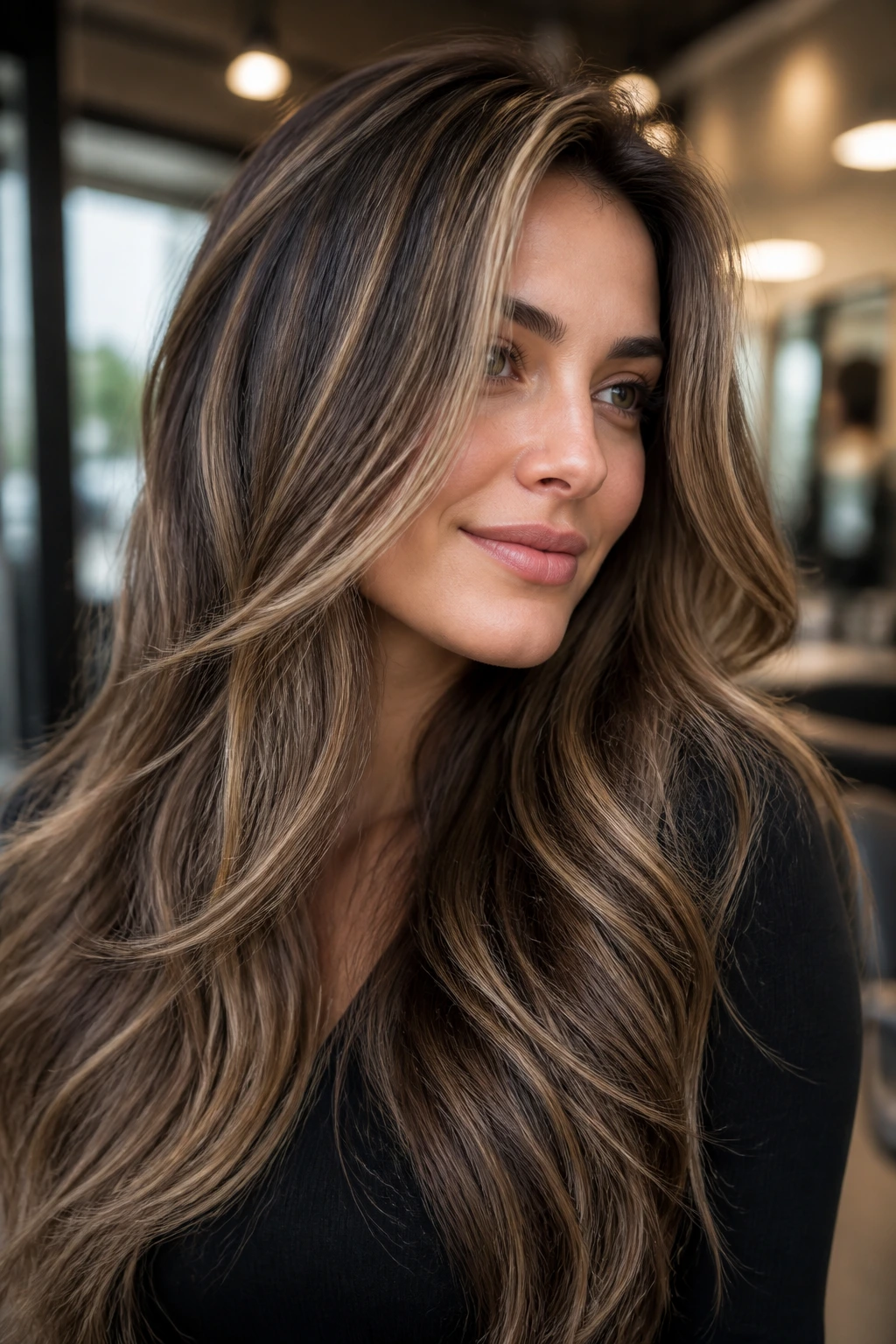 Close-up of a real woman's thick hair with visible babylights in warm salon light