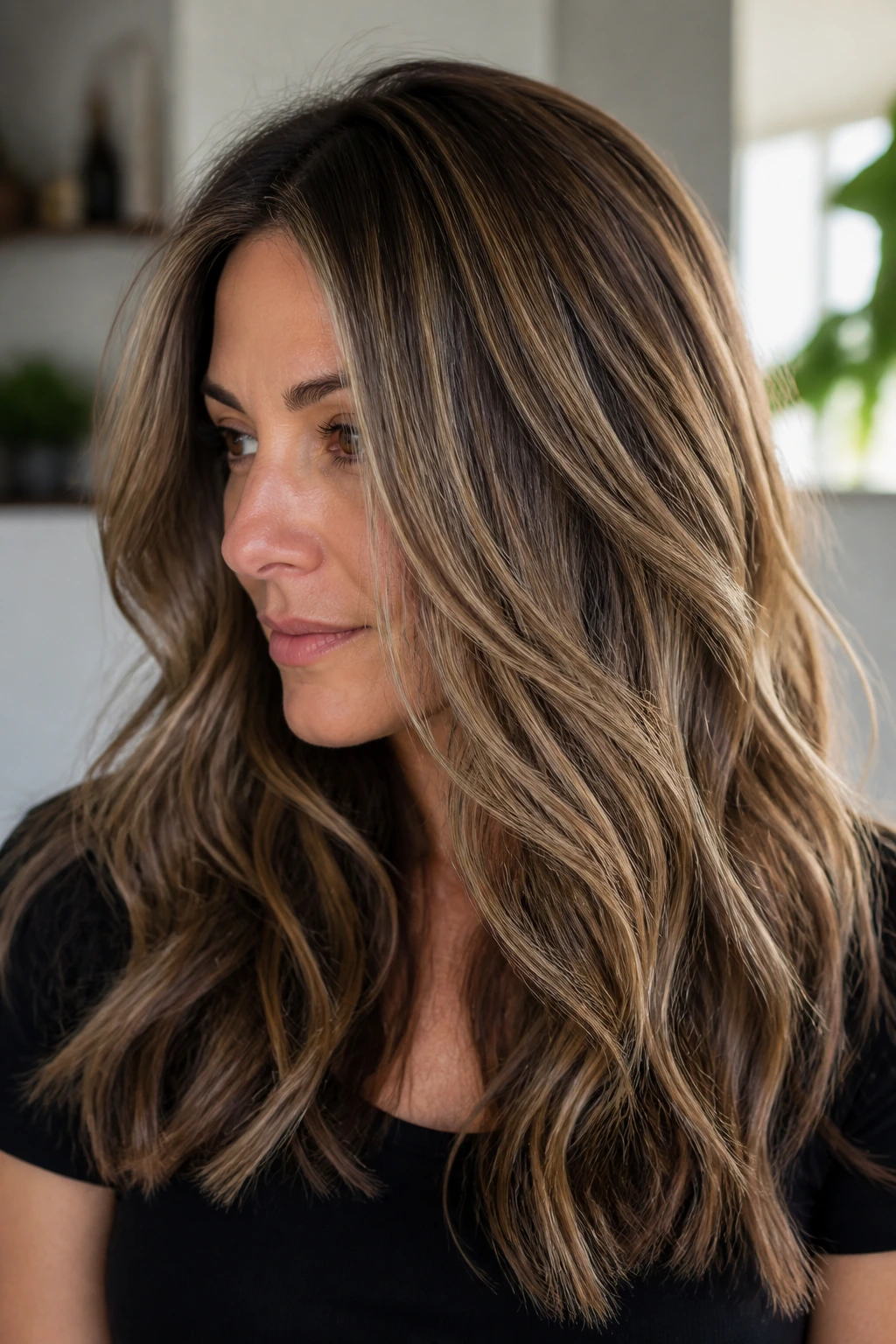 Close-up of thick hair with fine babylights showing shape and depth.