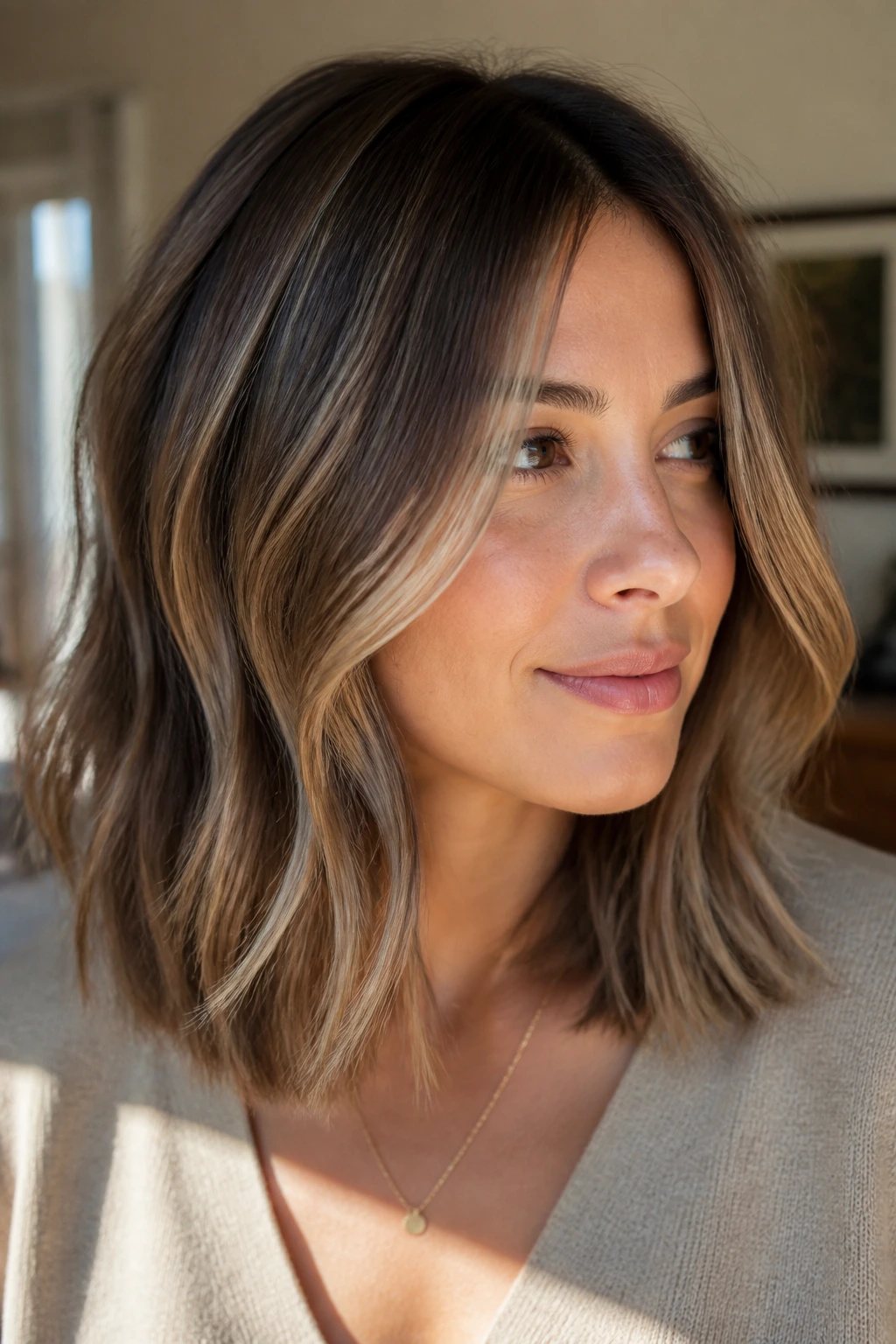 Shoulder-length thick hair with babylights framing the face