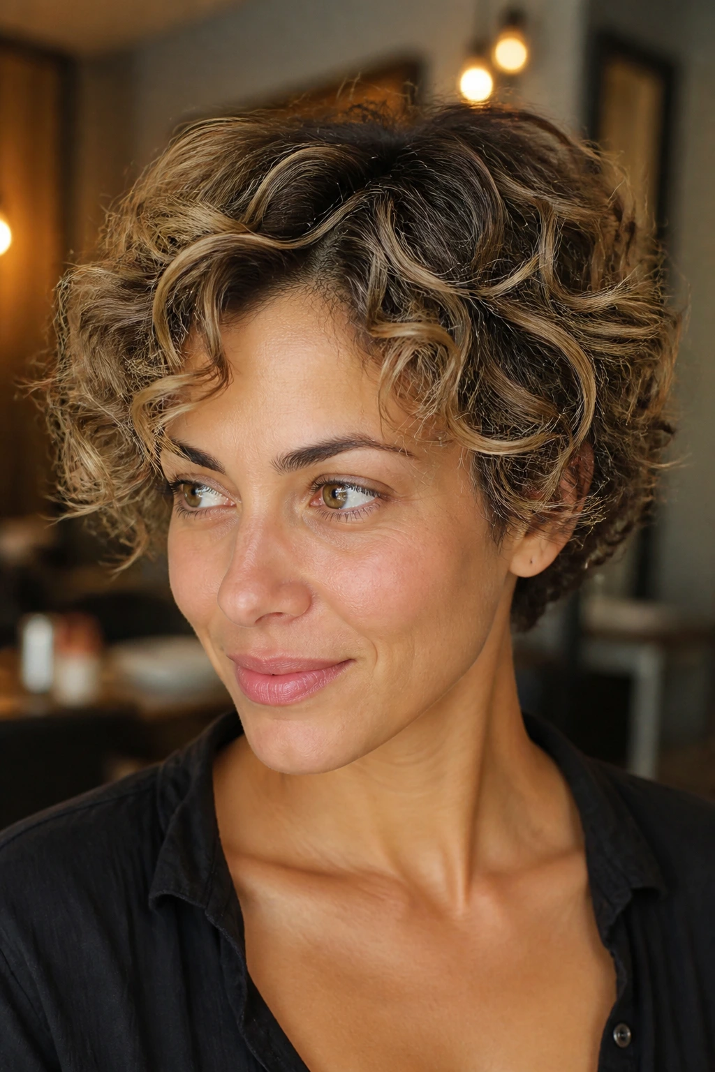 Woman with subtle babylights tones on short curls in salon lighting