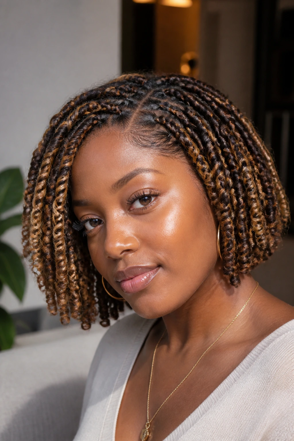 Close-up of a woman with a twist-out bob showing ribbon-like babylights.