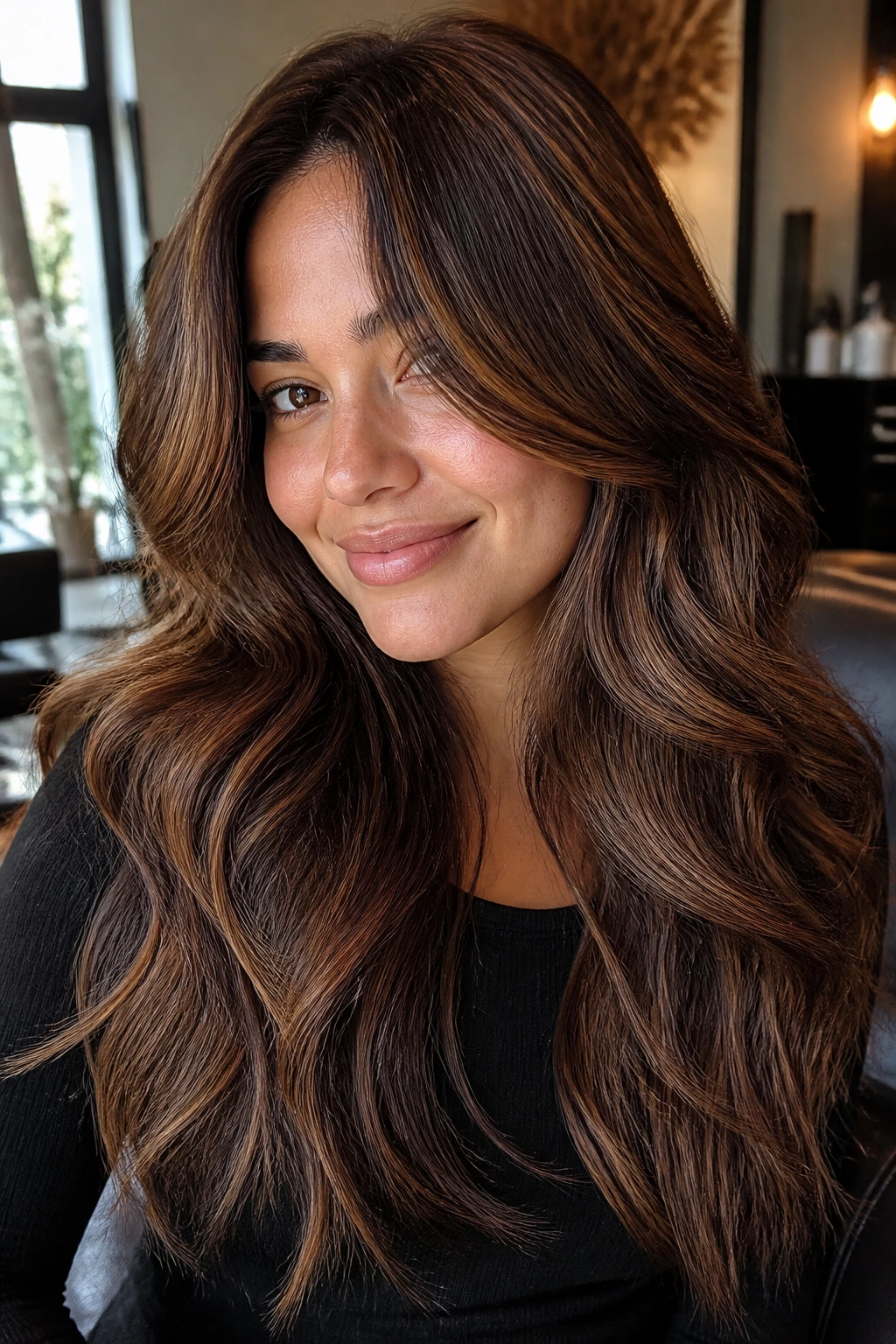 Close-up of chestnut babylights with warm gloss on a real woman's hair