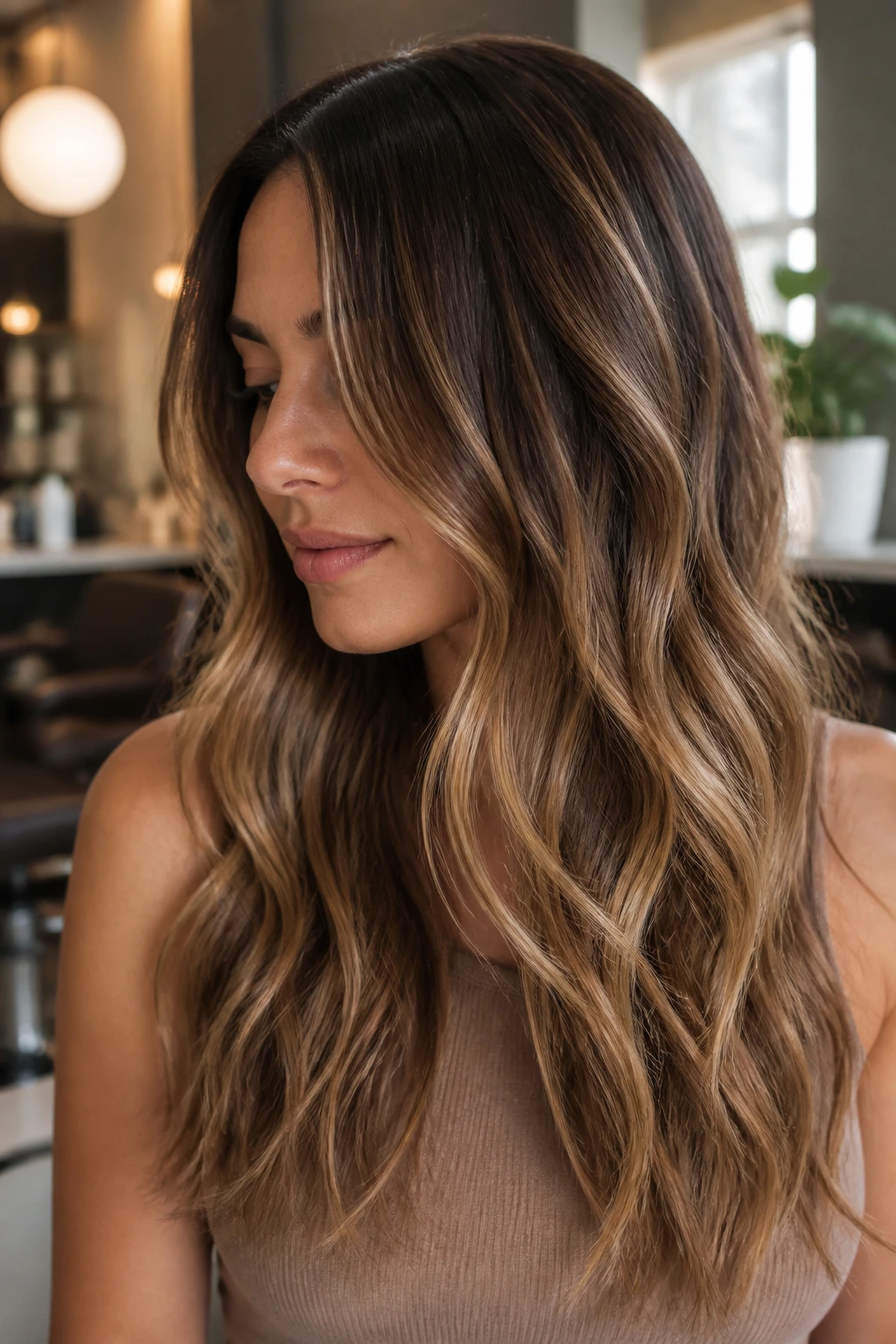 Close-up of a woman with fresh babylights and soft waves in warm lighting.