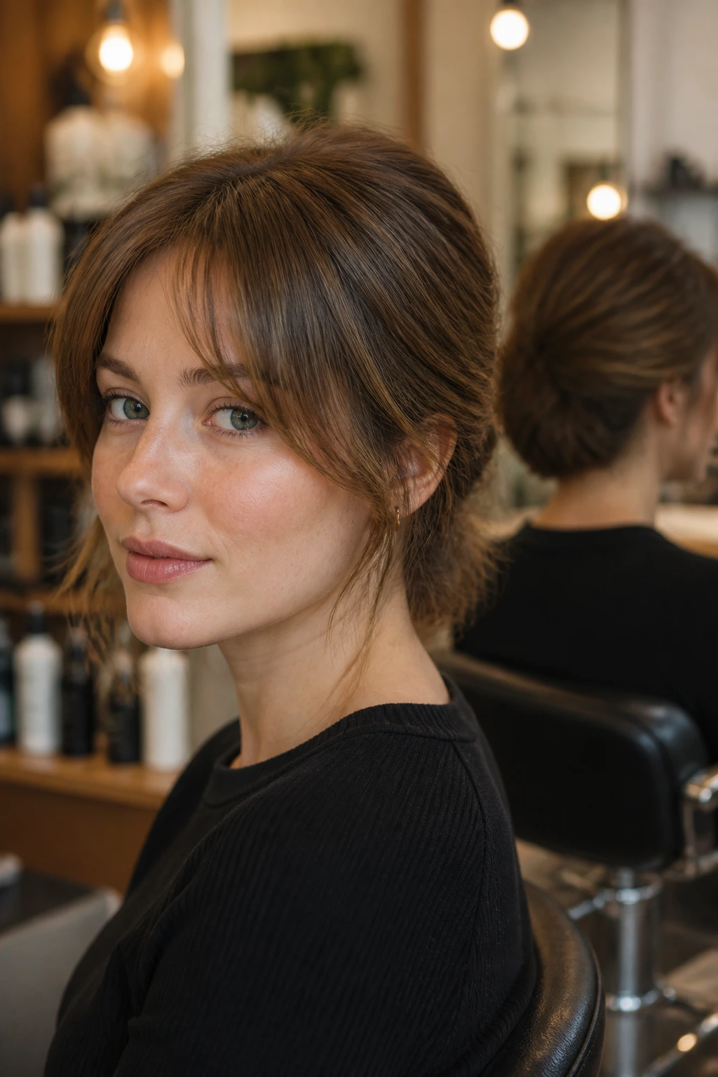 Real woman with front bangs looking good but with back crown silhouette visible.