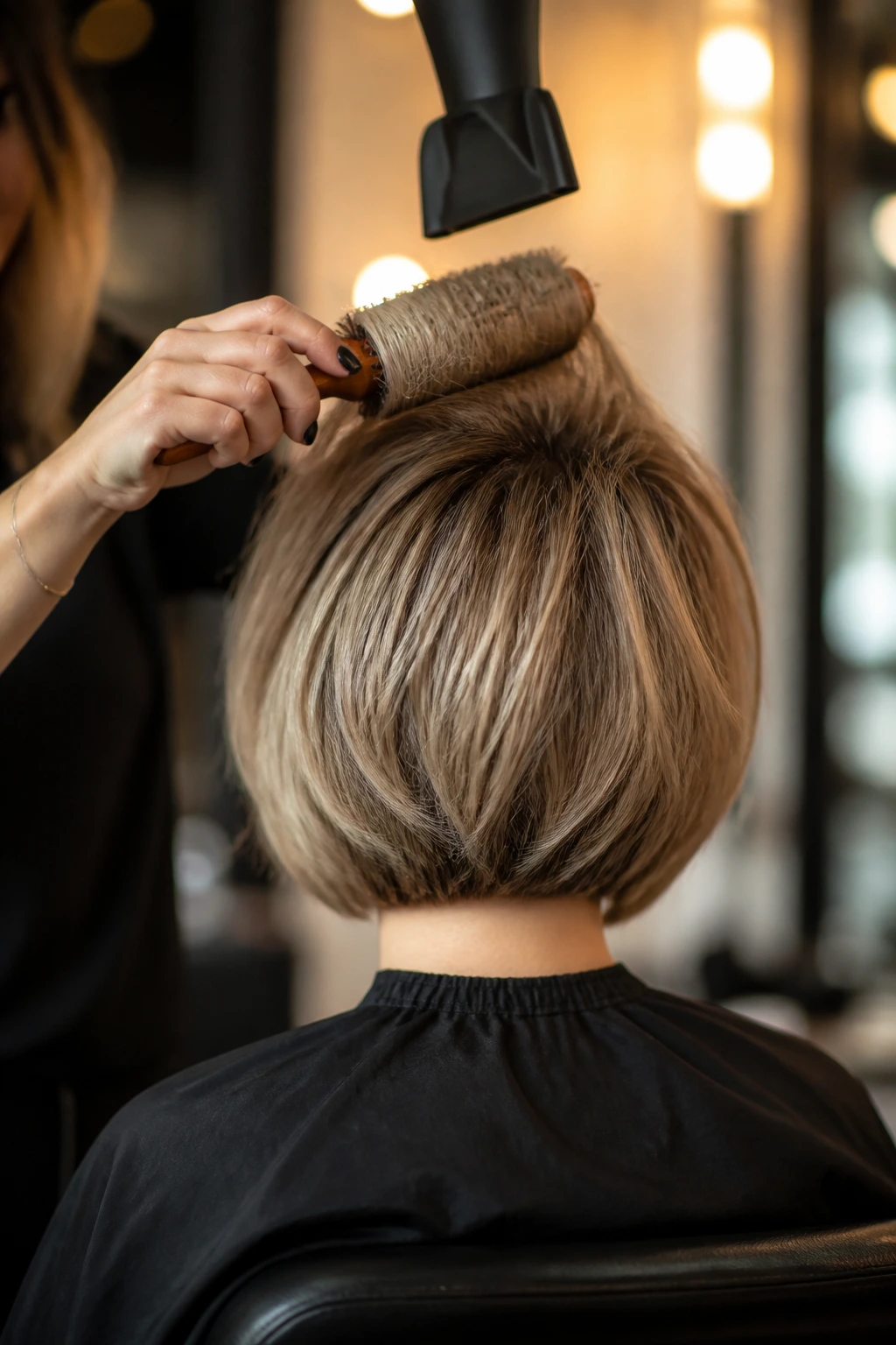Back view of a bob being styled to lift the crown in a salon