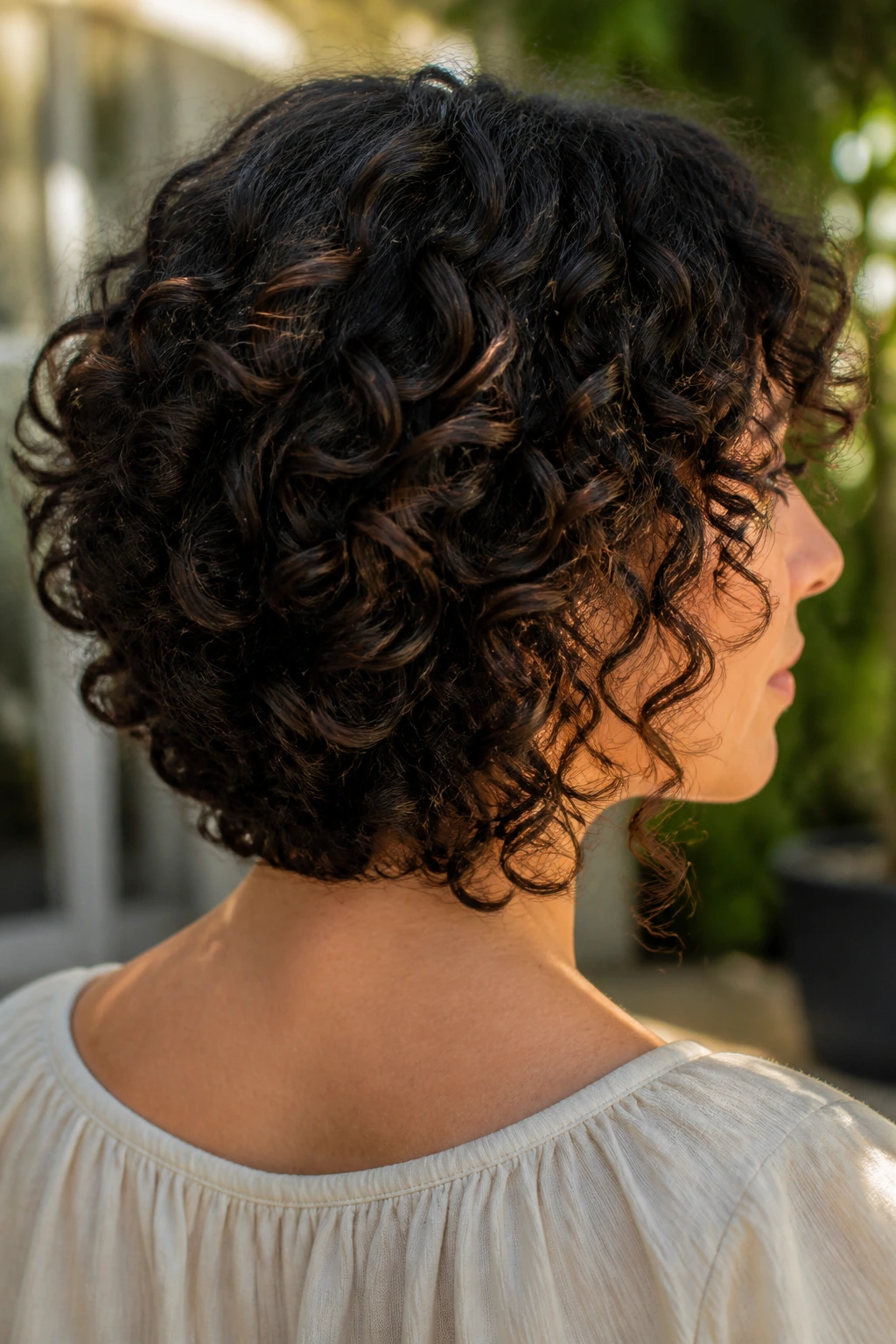 Back view of softly stacked back curls on a real person