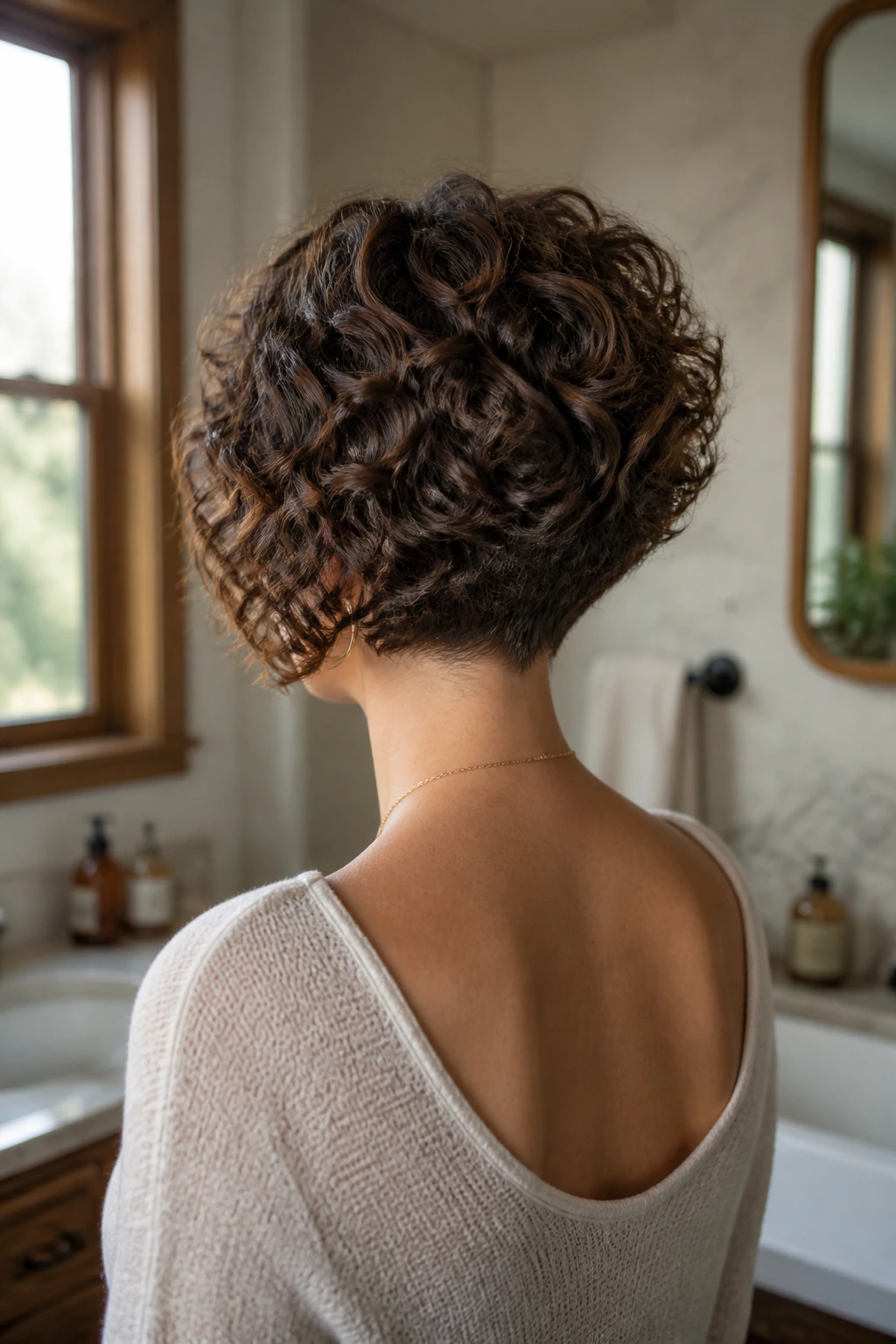 Back view of a real woman with curly inverted bob showing stacked back