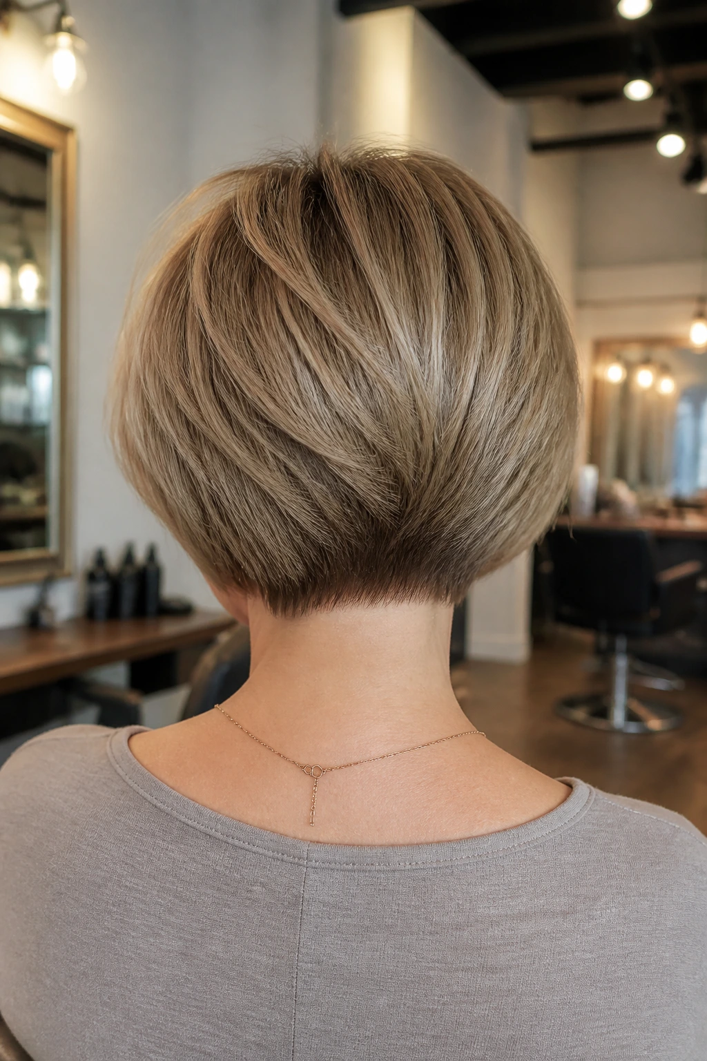 Back-of-head view of a real person showing a stacked bob giving backbone to thin hair