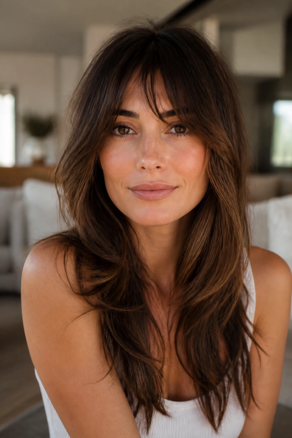Close-up portrait of a real woman with long layers and bangs highlighting balance