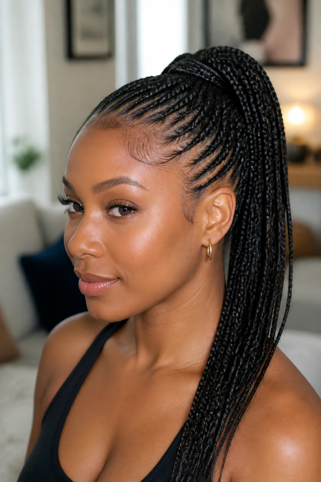 Portrait of a woman with a balanced braided ponytail in warm daylight