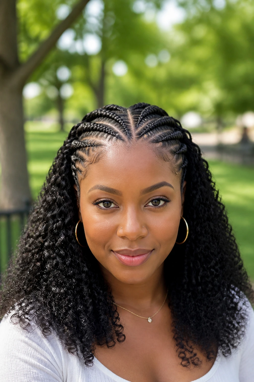 Portrait of a real woman with balanced half braids and loose back curls under natural light.
