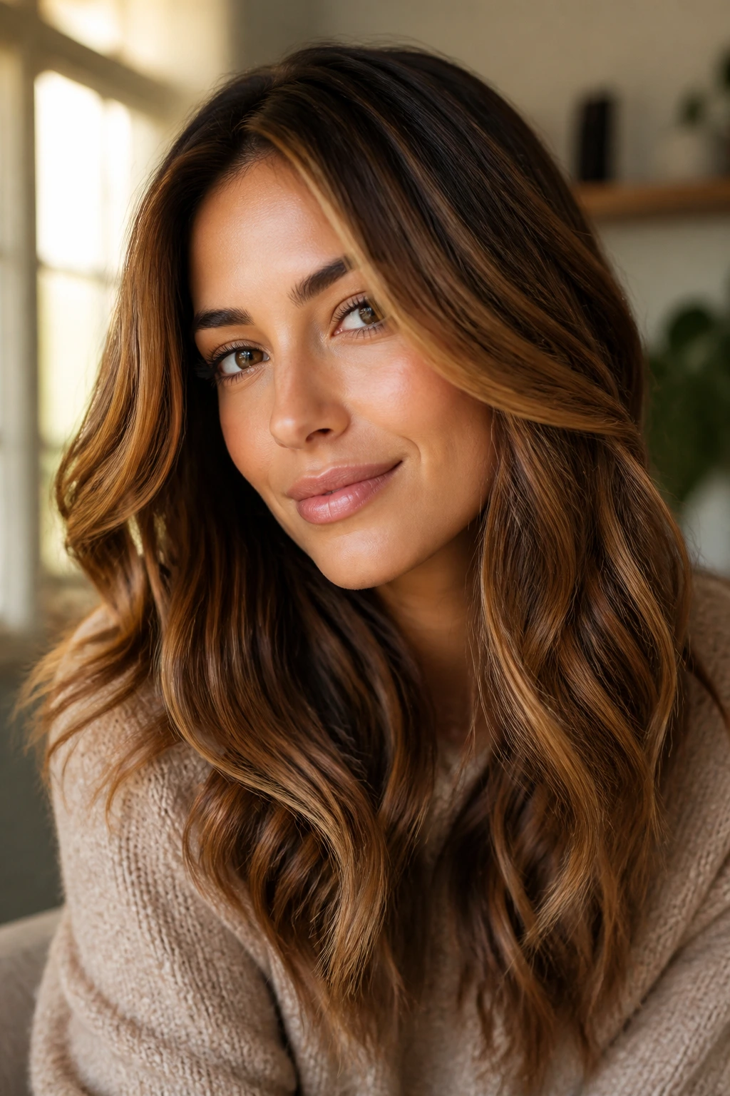 Close-up of real woman's hair with balanced chestnut caramel tones under window light