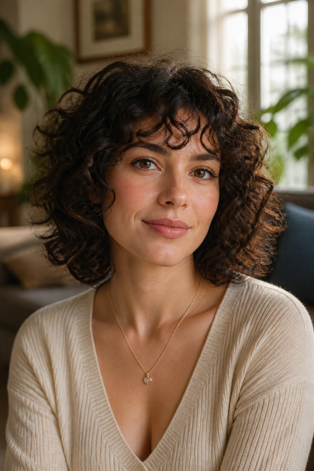 Close-up portrait of a woman with balanced curly haircut that flatters a heart-shaped face