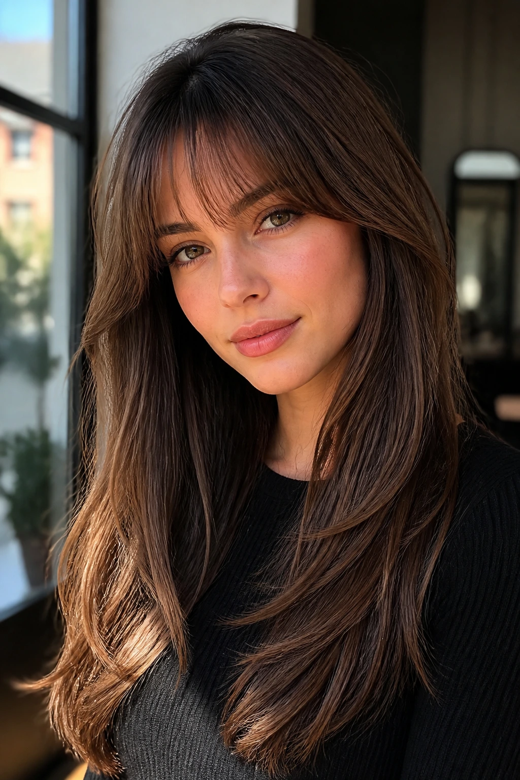 Portrait of a woman with a balanced fringe that flatters a heart-shaped face