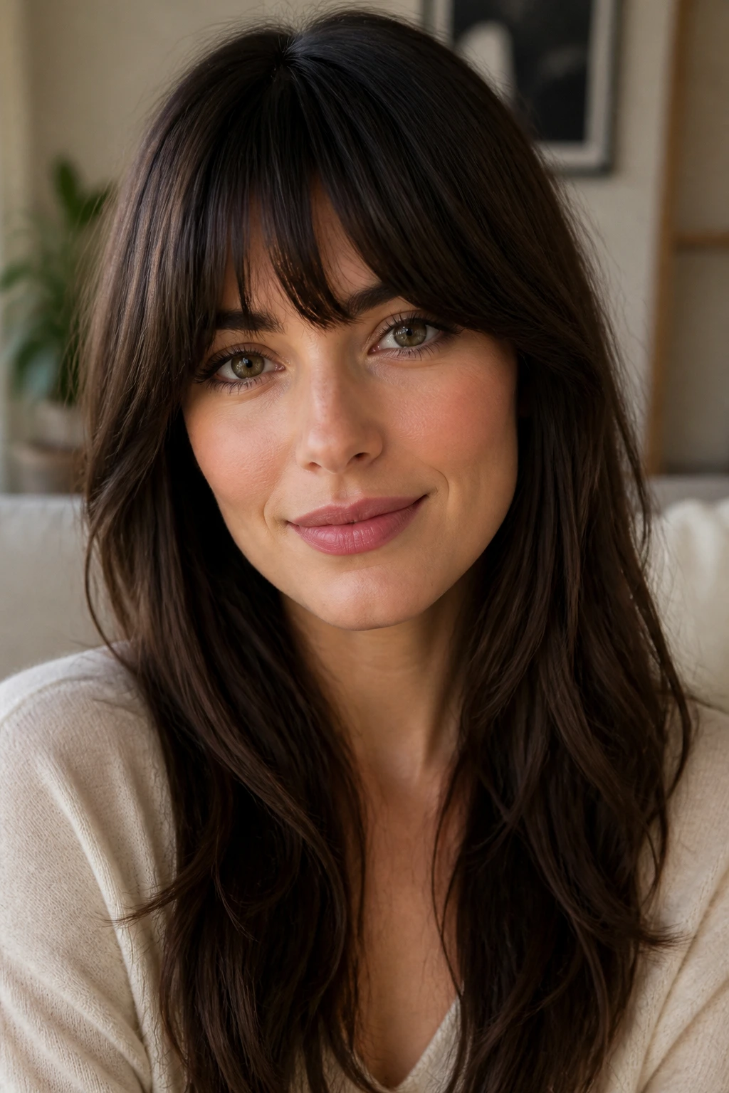 Close-up portrait of a woman with a balanced fringe for a heart-shaped face